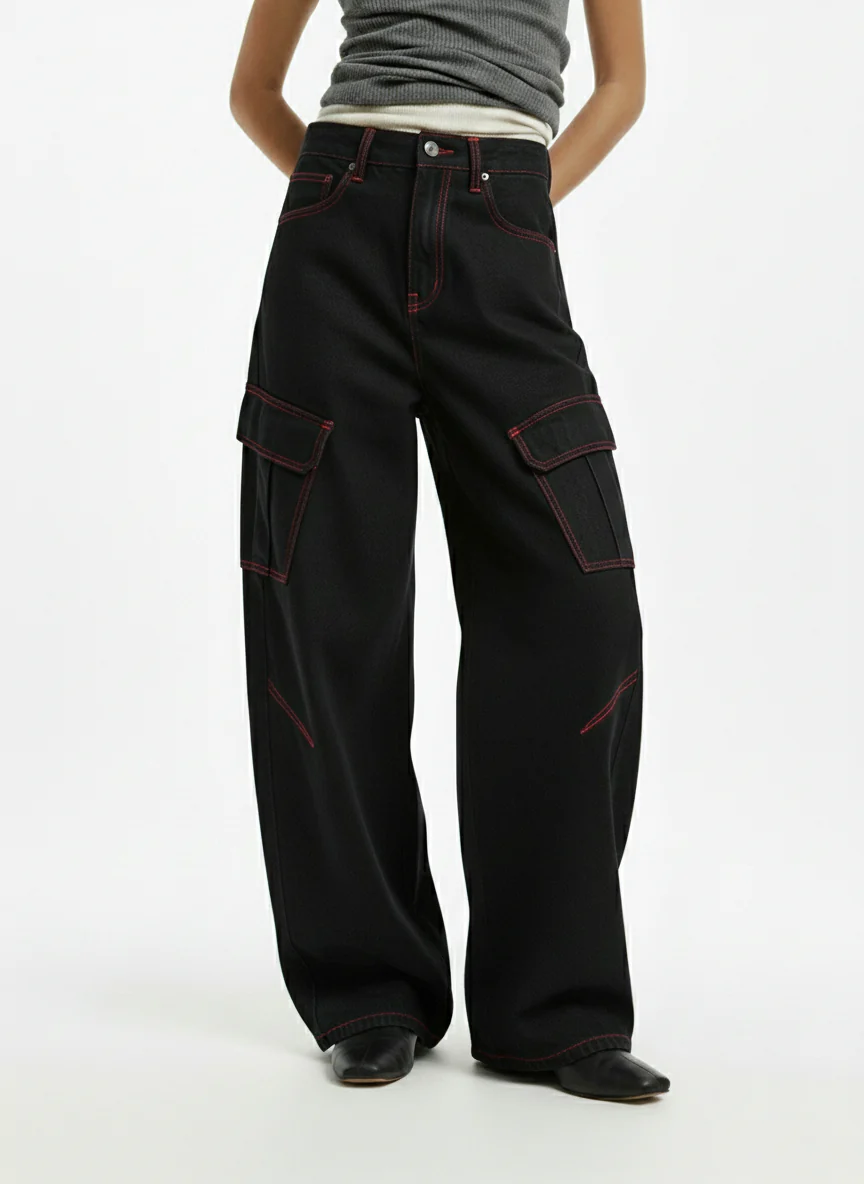 Retro Red Contrast Stitching Pocket Barrel Jeans