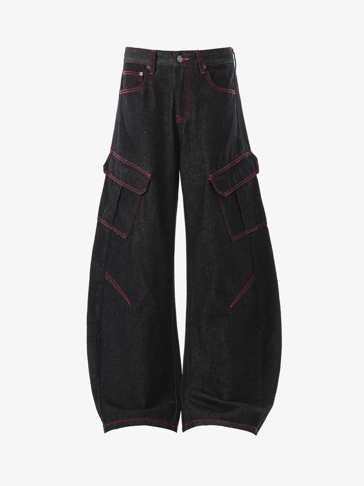 Retro Red Contrast Stitching Pocket Barrel Jeans - Image 2