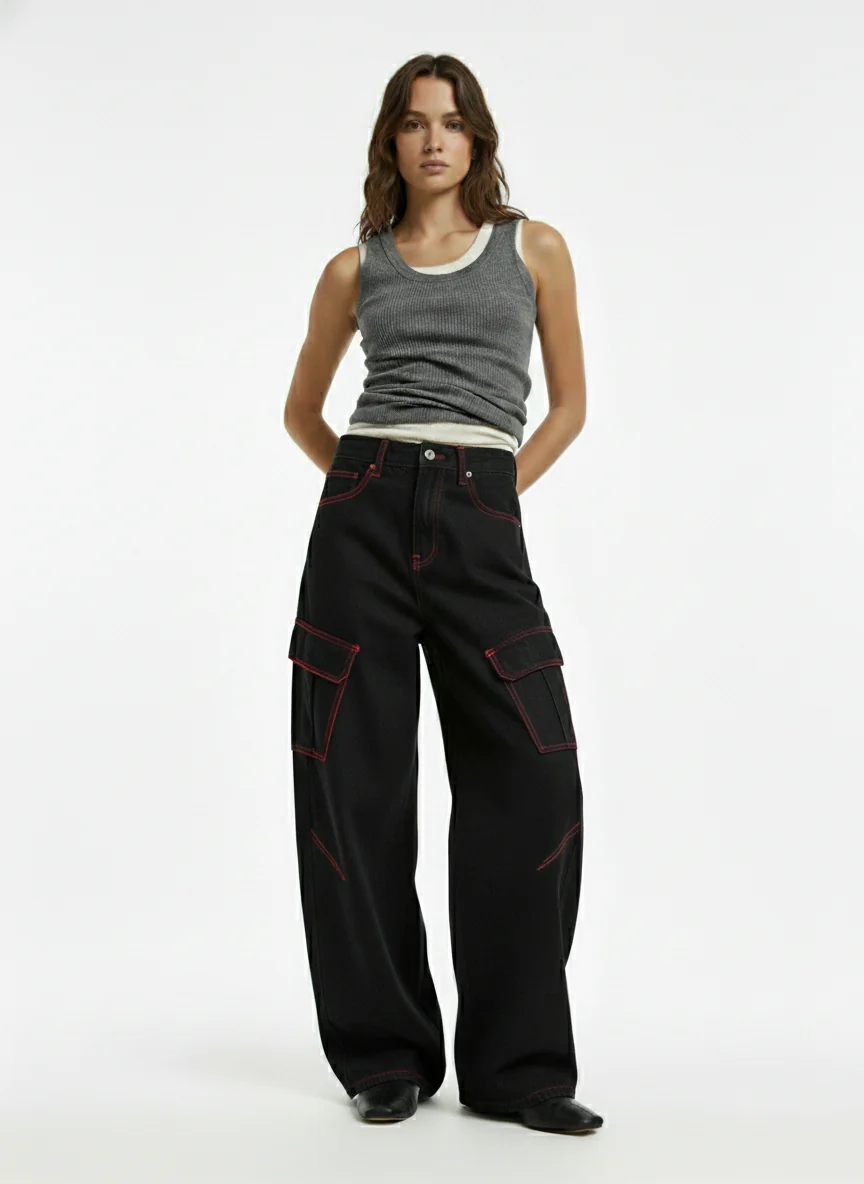 Retro Red Contrast Stitching Pocket Barrel Jeans - Image 3