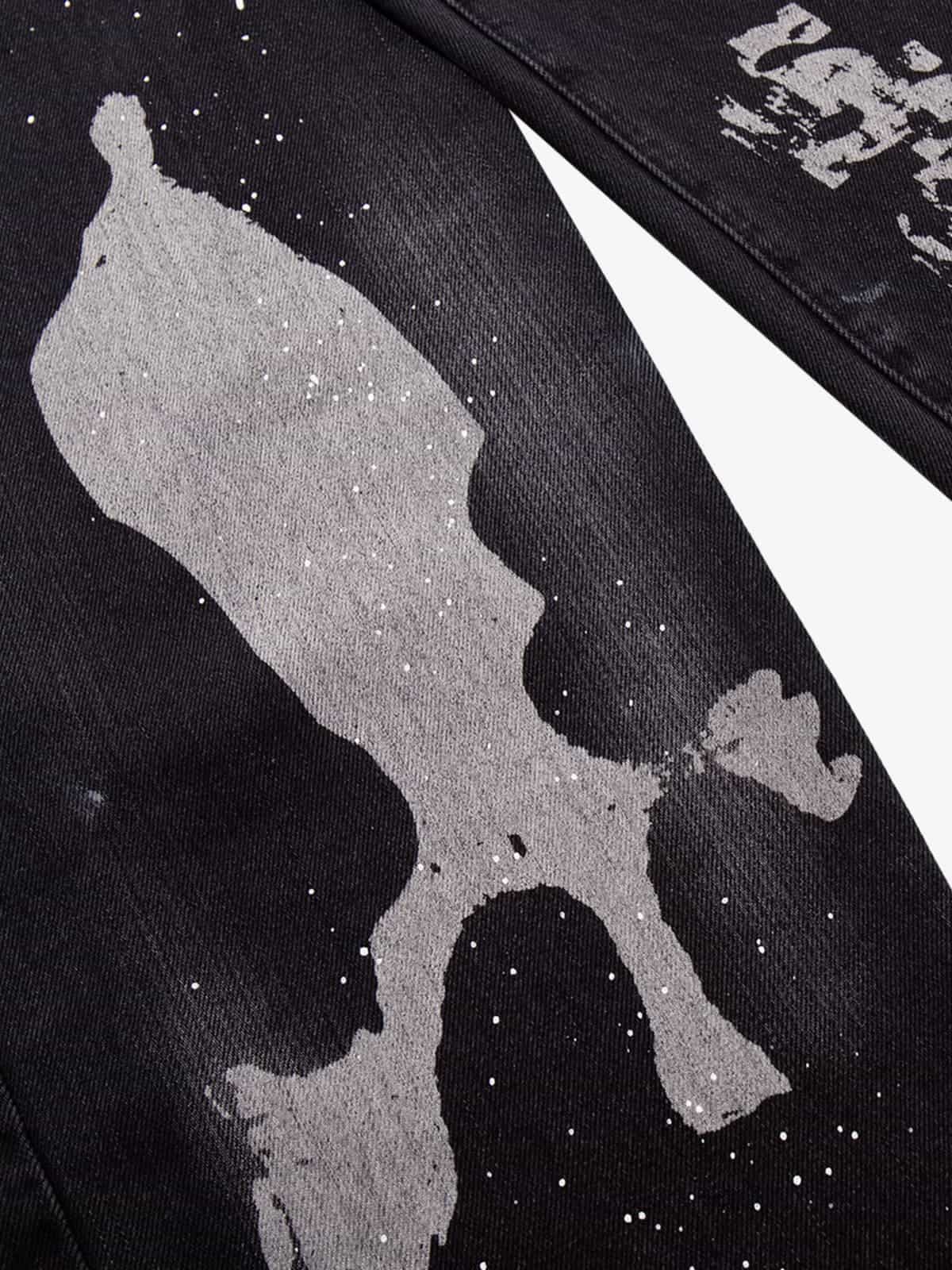Retro Rhinestone Graffiti Washed Straight Jeans - Image 10