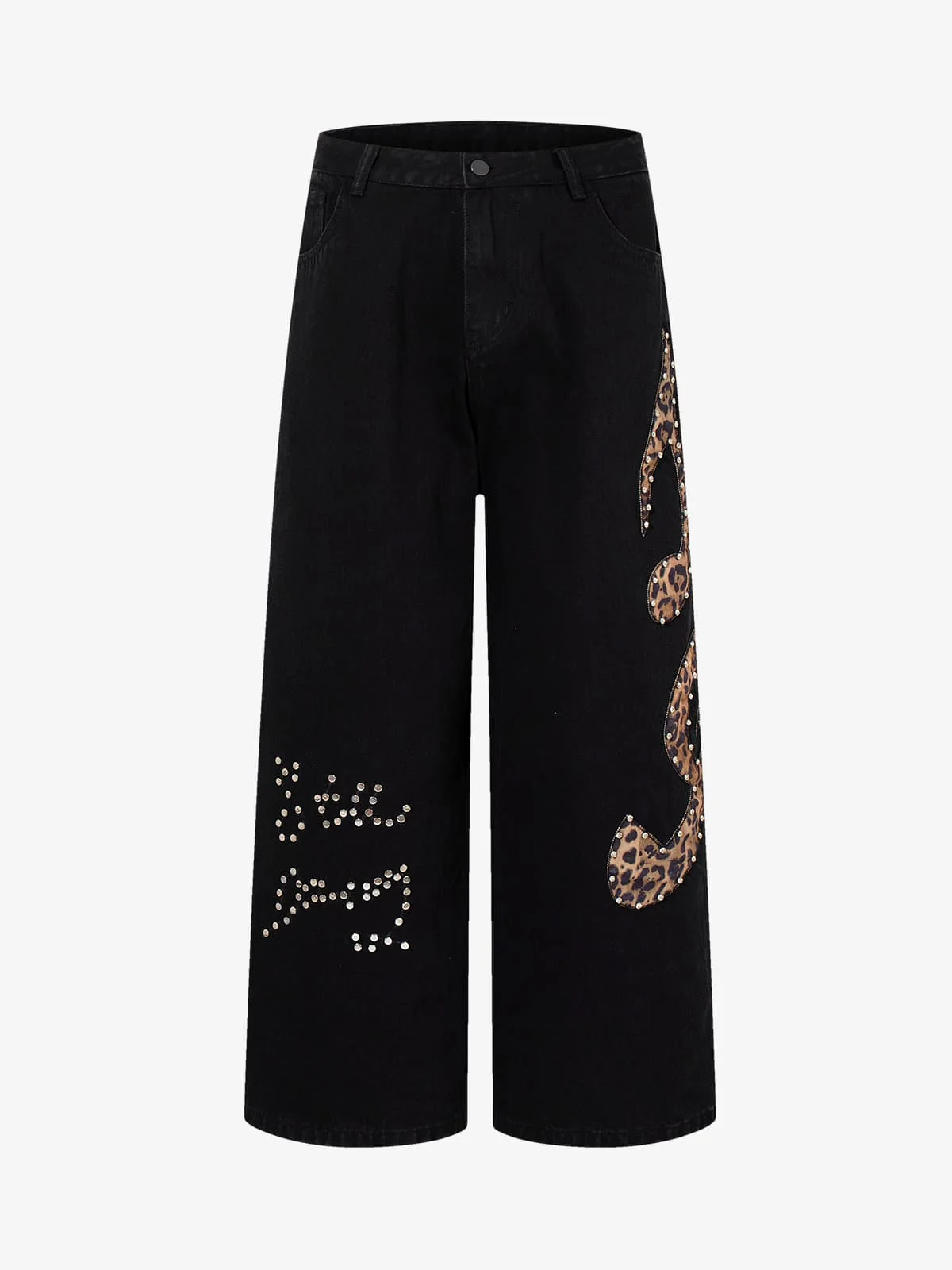 Retro Rhinestone Leopard Patch Music Note Straight Jeans