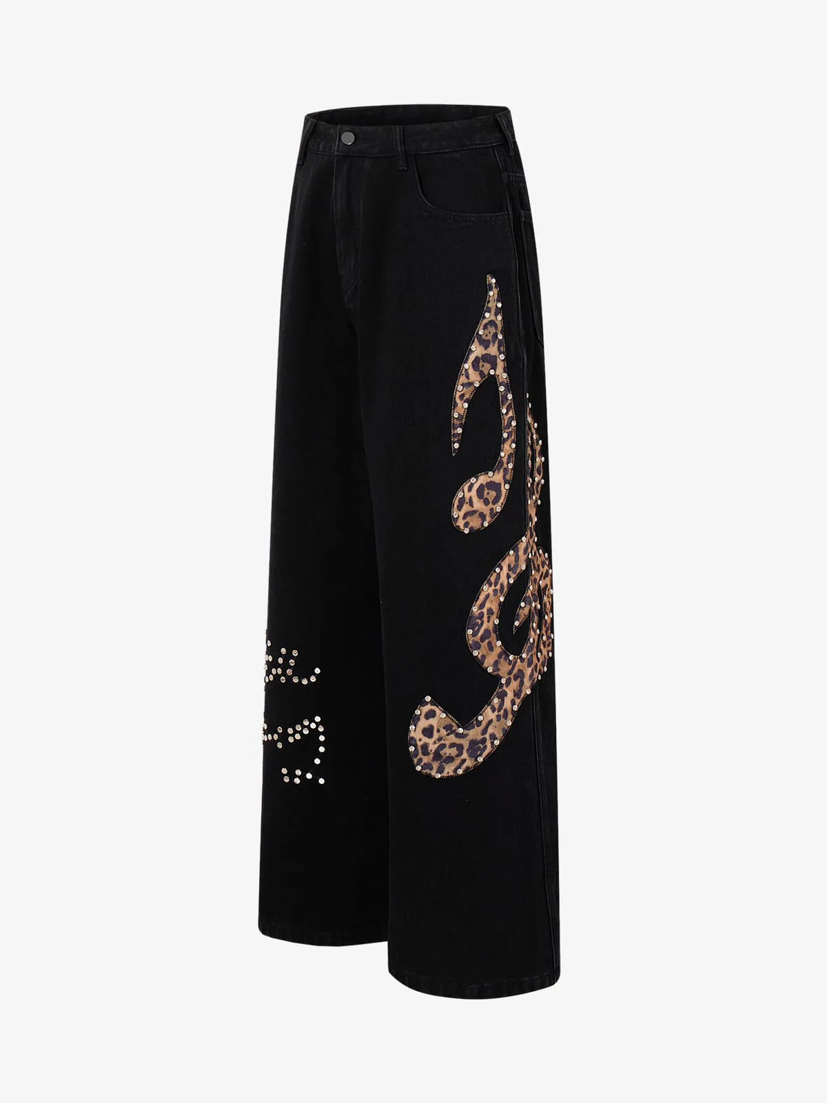 Retro Rhinestone Leopard Patch Music Note Straight Jeans - Image 2