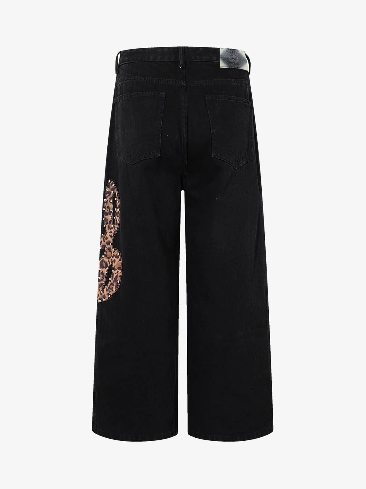 Retro Rhinestone Leopard Patch Music Note Straight Jeans - Image 3