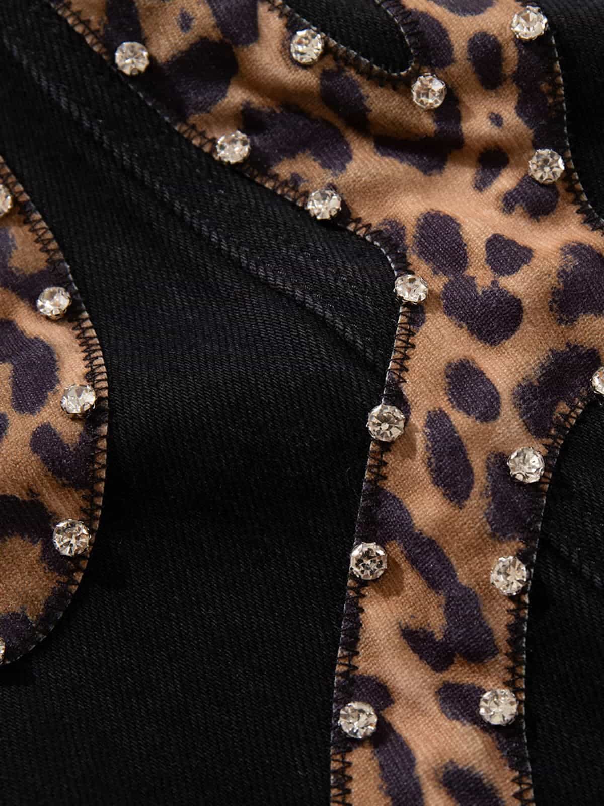 Retro Rhinestone Leopard Patch Music Note Straight Jeans - Image 4