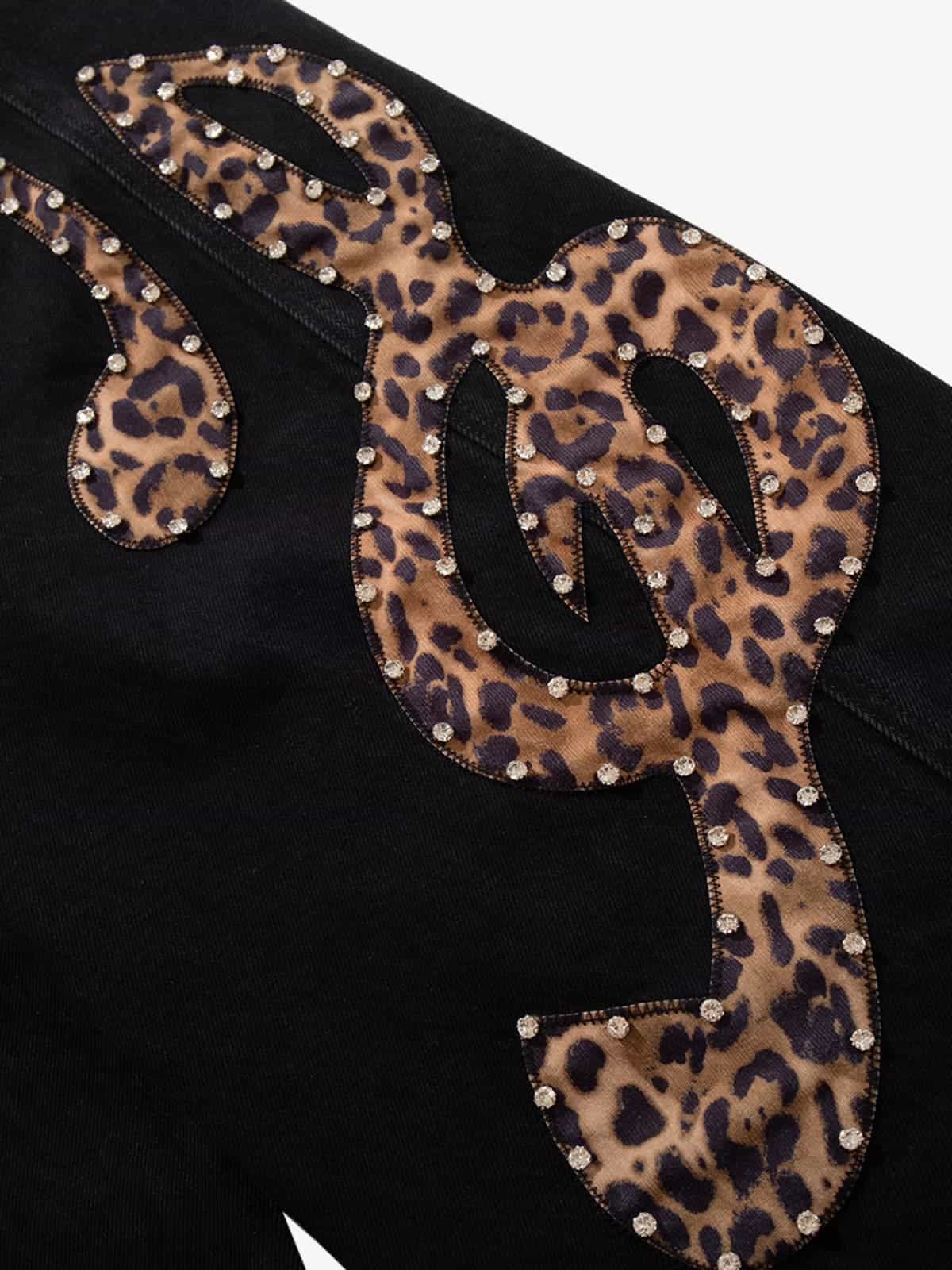Retro Rhinestone Leopard Patch Music Note Straight Jeans - Image 9