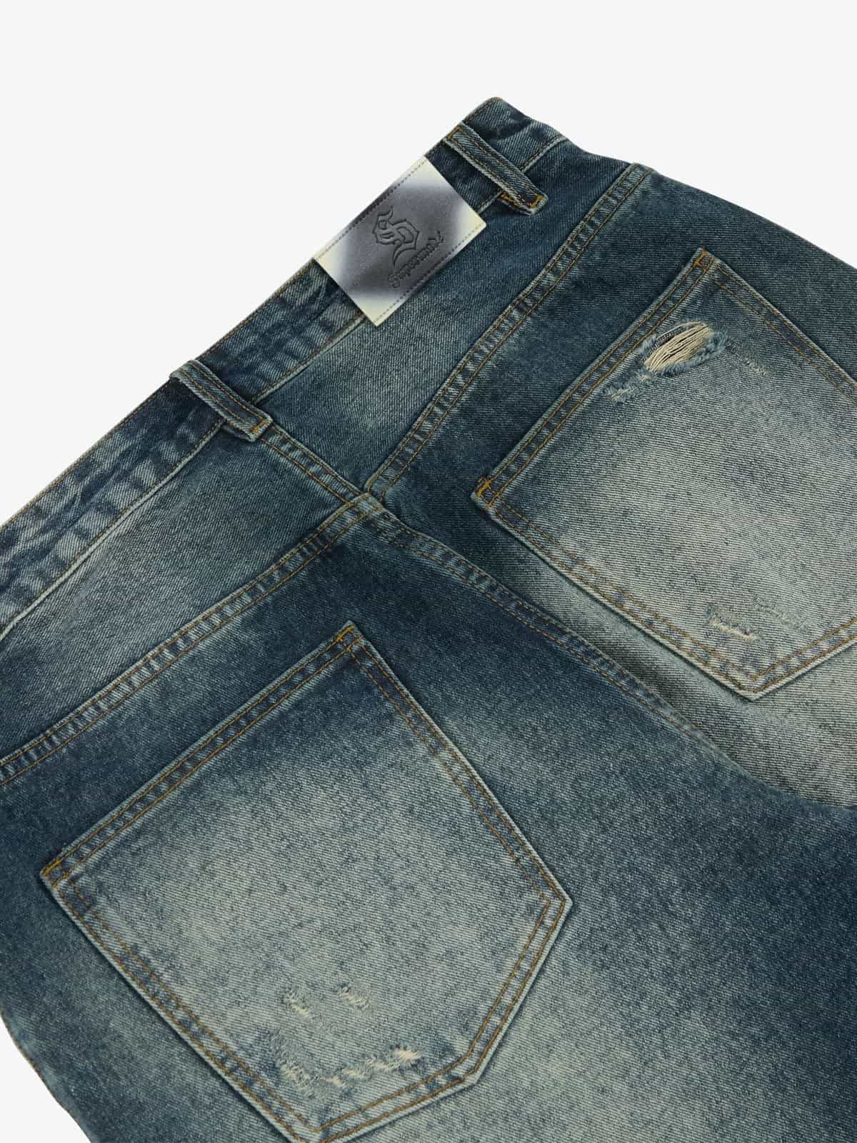 Retro Rhinestone Letter Embroidery Distressed Baggy Jeans - Image 10