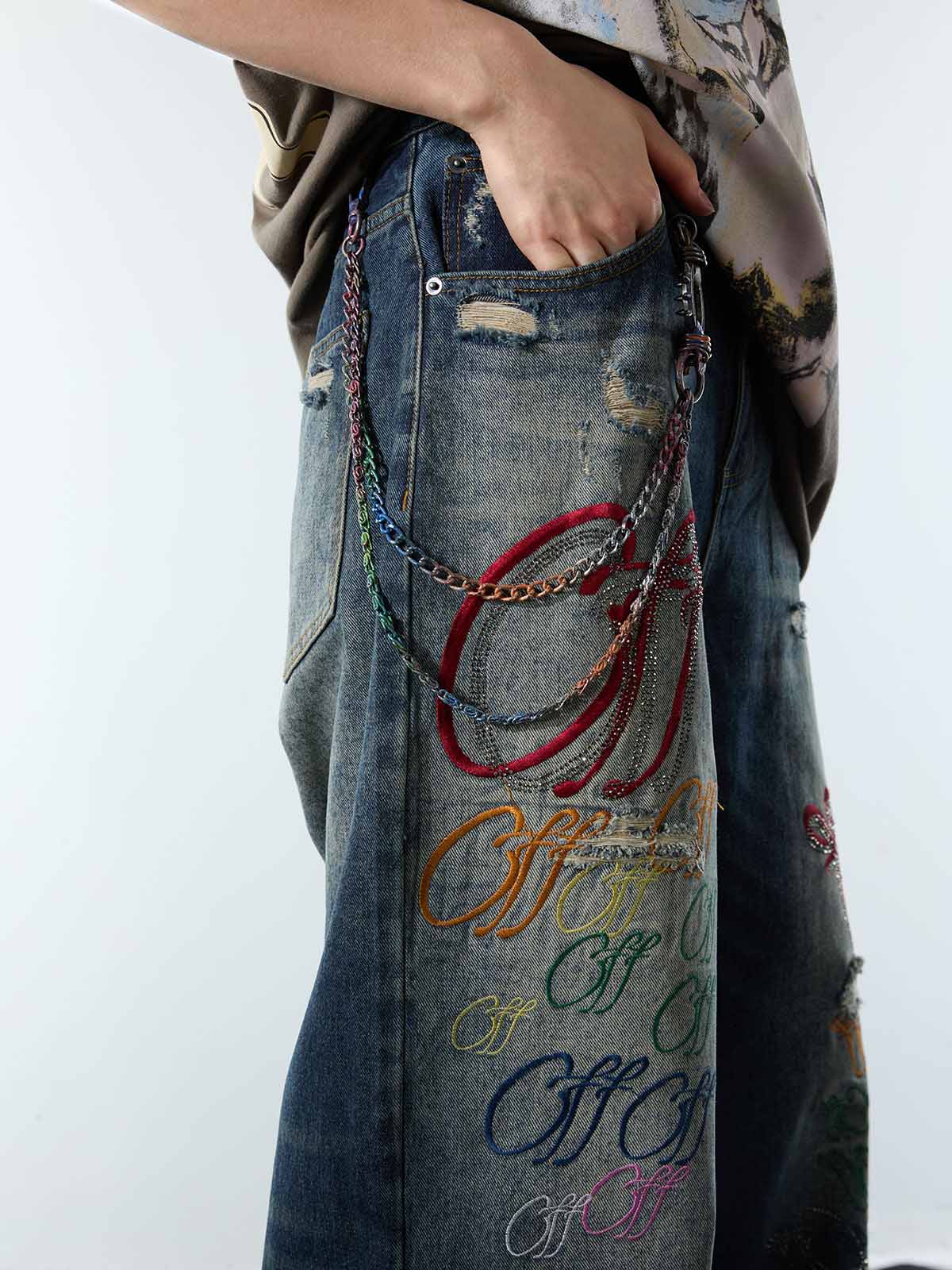 Retro Rhinestone Letter Embroidery Distressed Baggy Jeans - Image 6