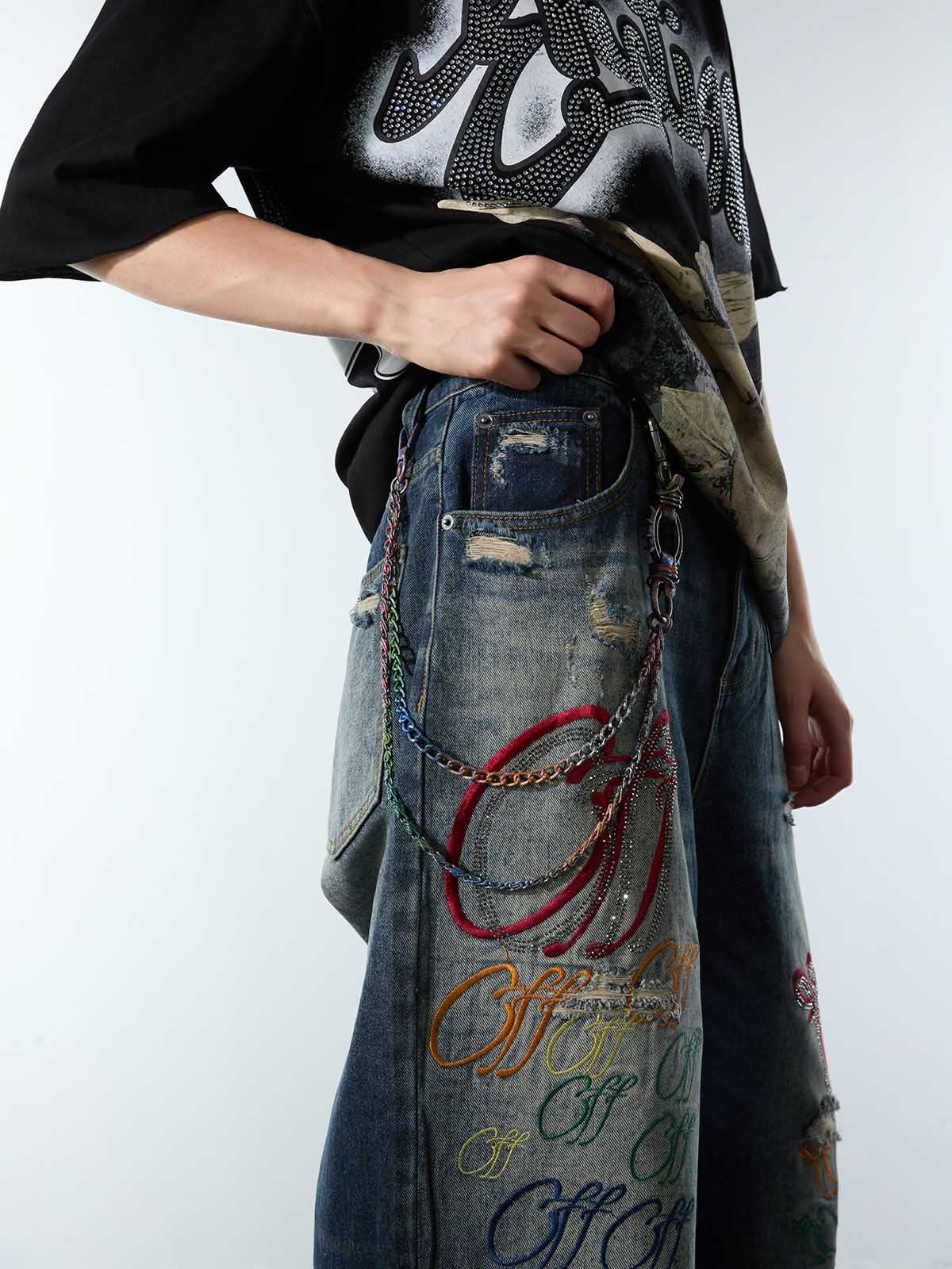 Retro Rhinestone Letter Embroidery Distressed Baggy Jeans - Image 7