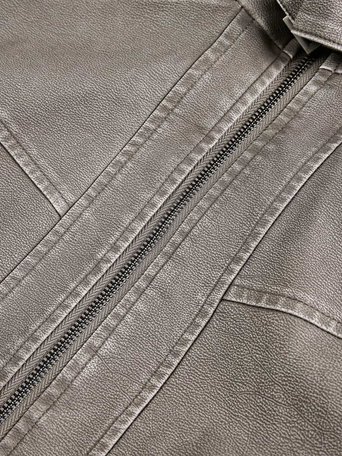 Retro Stand Collar PU Leather Bomber Jacket - Image 13