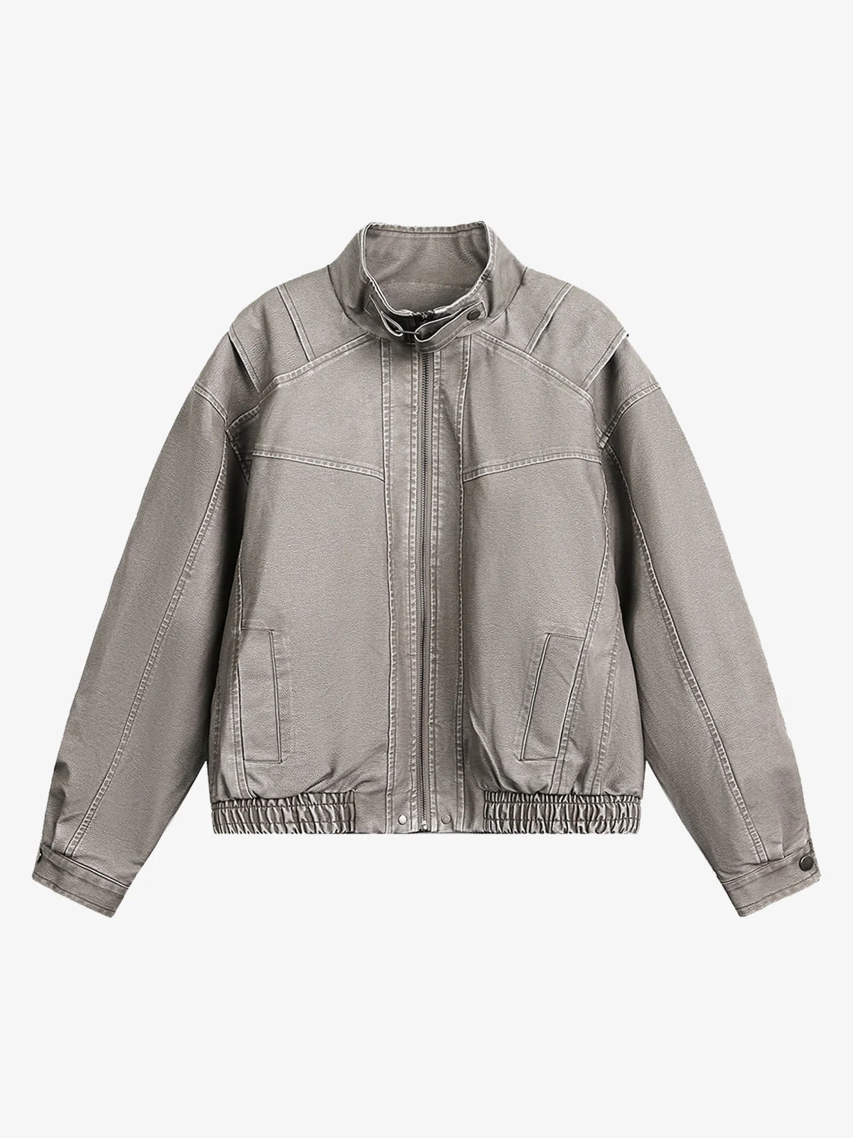 Retro Stand Collar PU Leather Bomber Jacket - Image 2