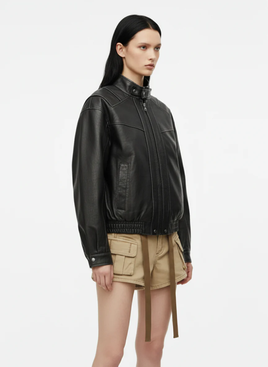 Retro Stand Collar PU Leather Bomber Jacket - Image 3