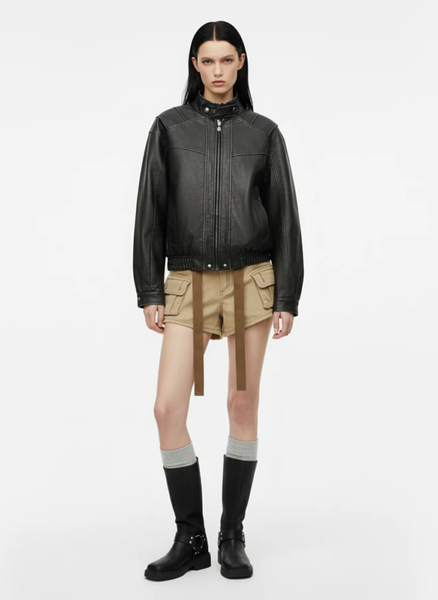 Retro Stand Collar PU Leather Bomber Jacket - Image 4