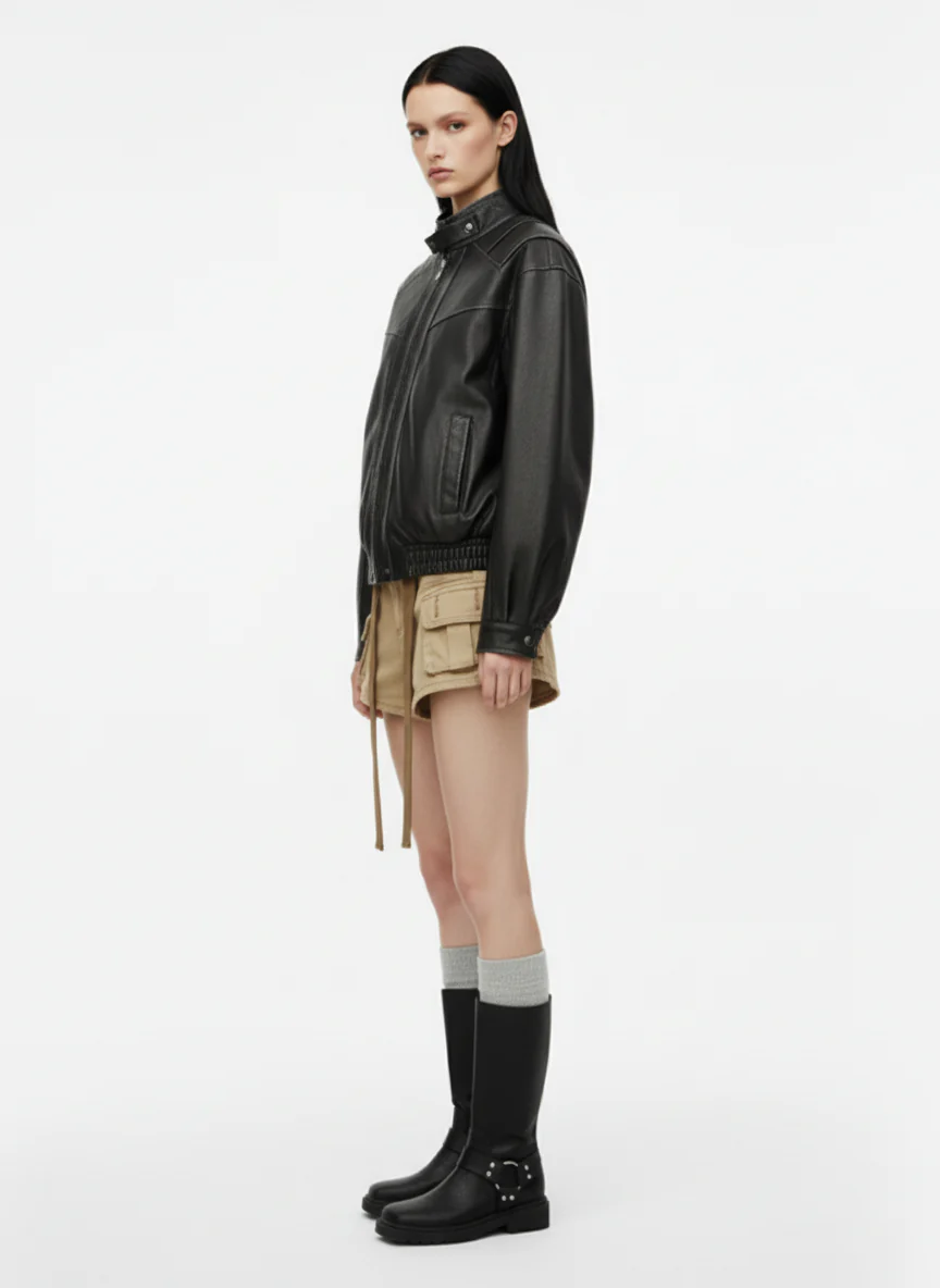 Retro Stand Collar PU Leather Bomber Jacket - Image 5