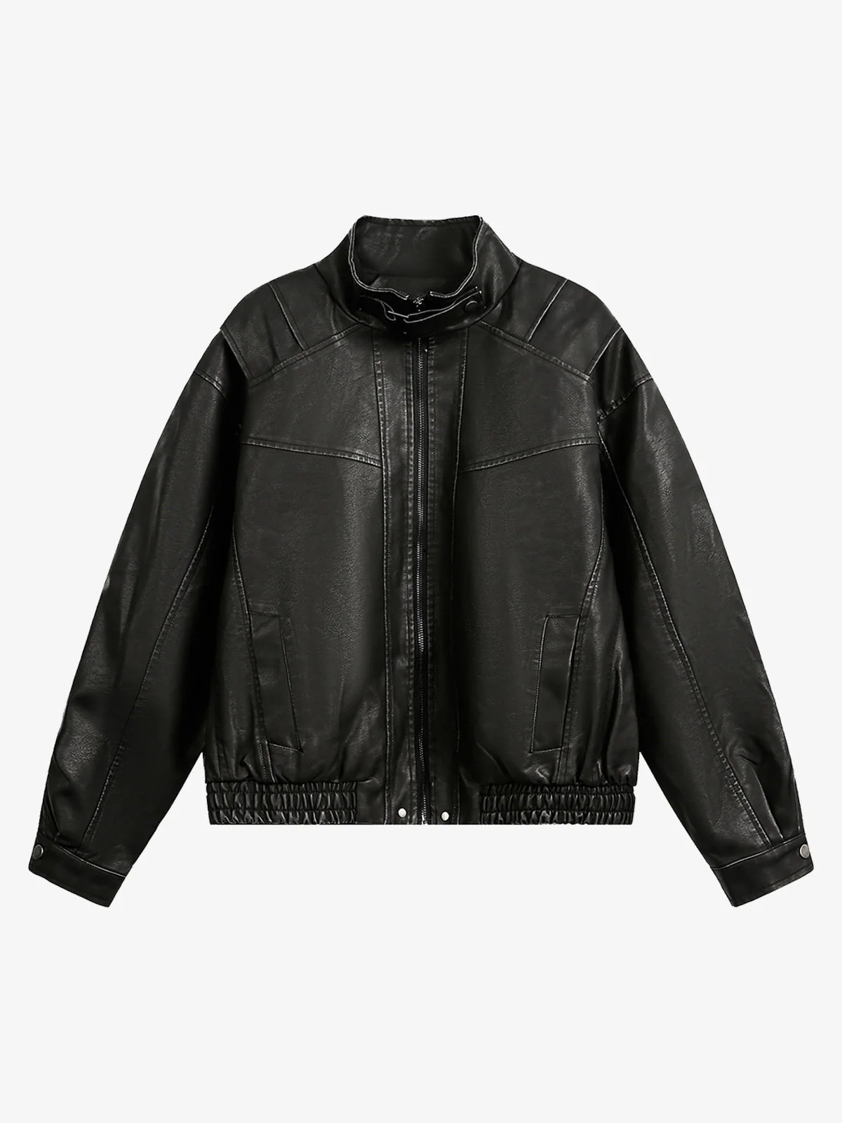 Retro Stand Collar PU Leather Bomber Jacket - Image 6