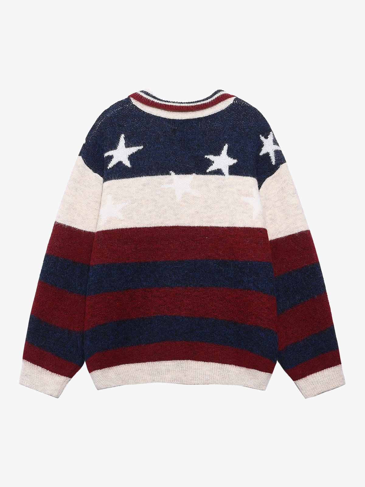 Retro Star Patchwork Striped V-Neck Polo Sweater - Image 2