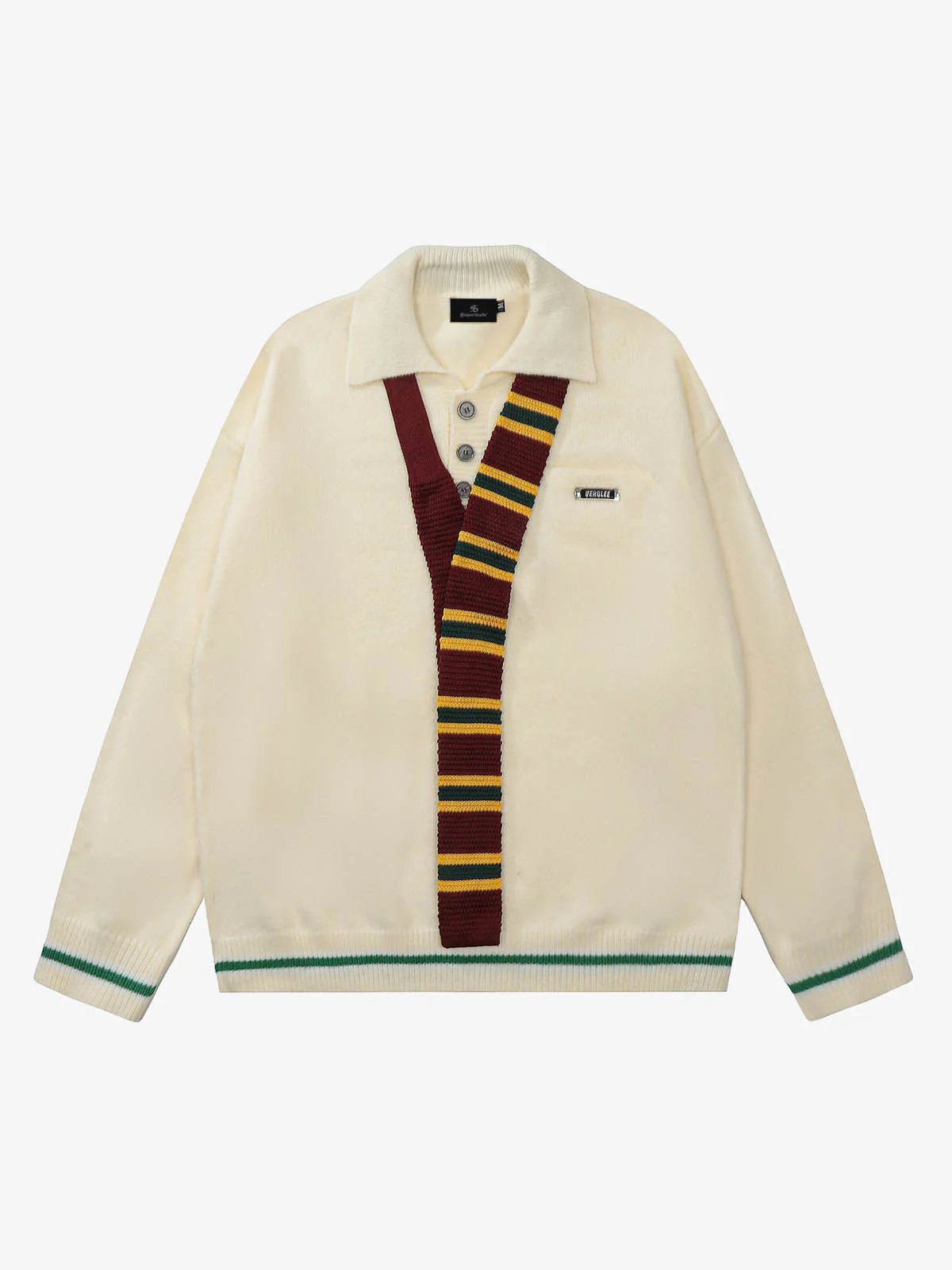 Retro Striped Contrast Panel Button-Up Collar Sweater