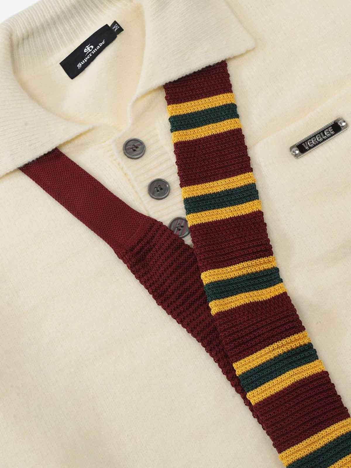Retro Striped Contrast Panel Button-Up Collar Sweater - Image 5