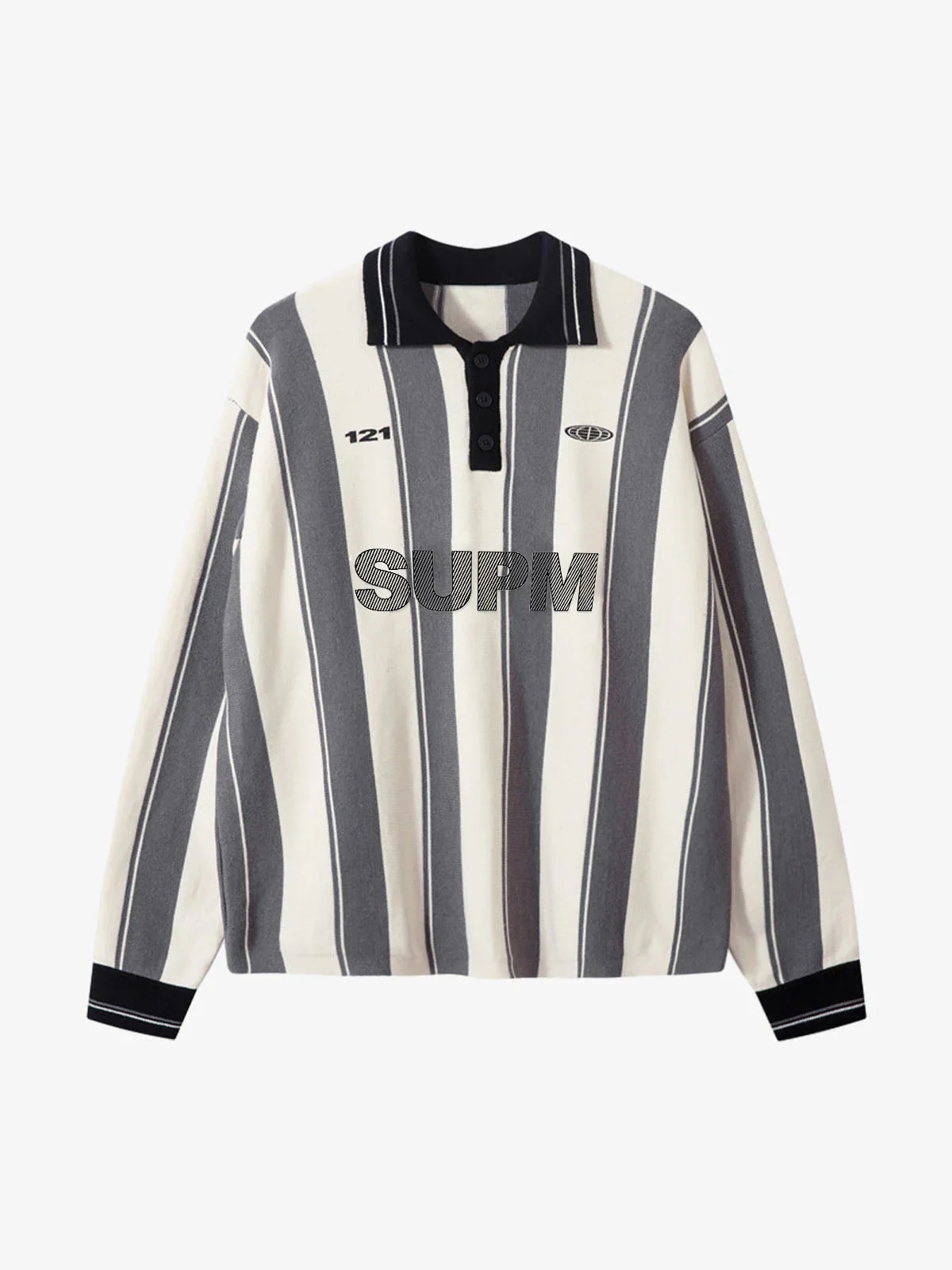 Retro Striped Polo Collar Sports Jersey Knit Sweater - Image 2