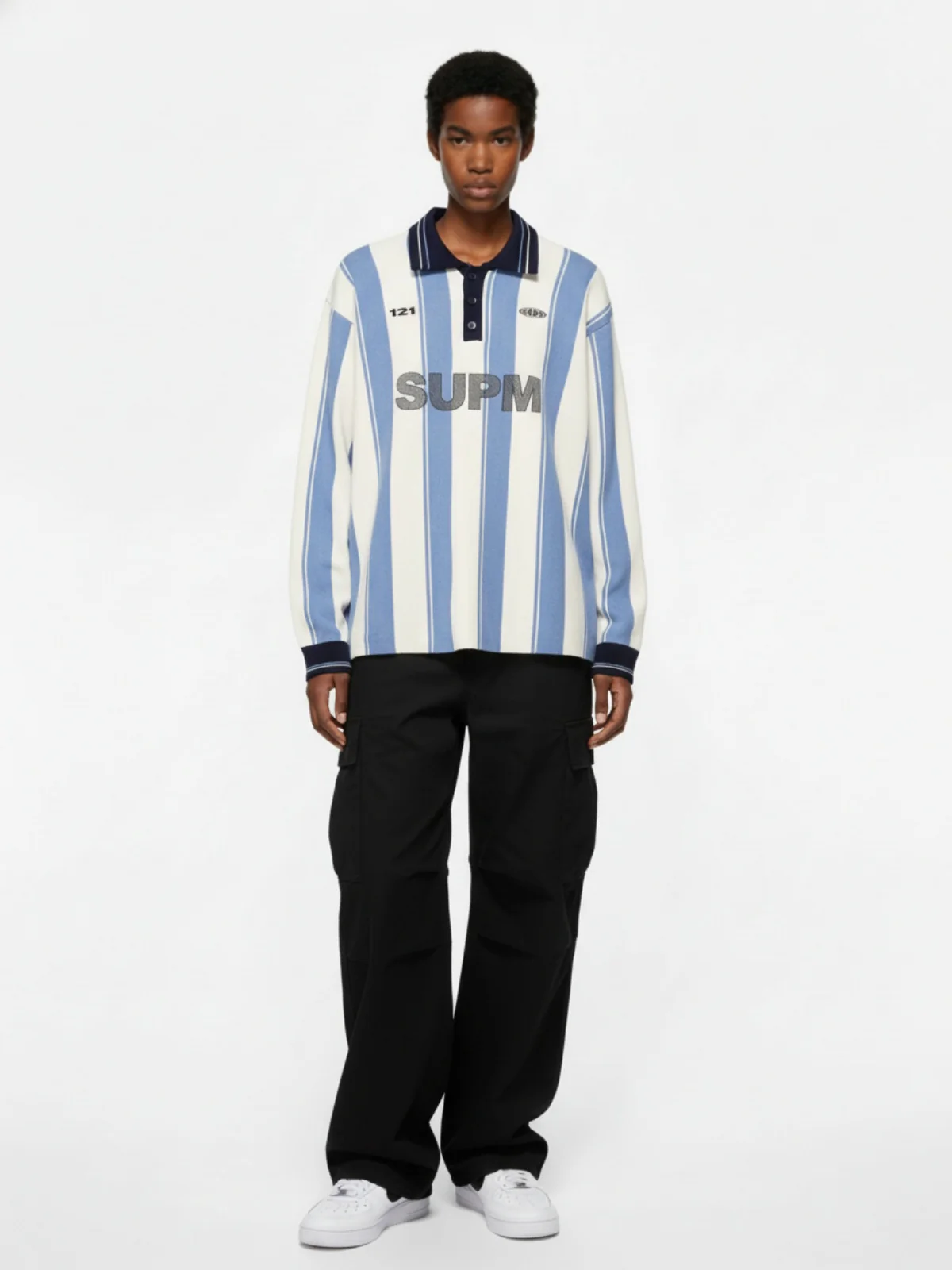 Retro Striped Polo Collar Sports Jersey Knit Sweater - Image 3