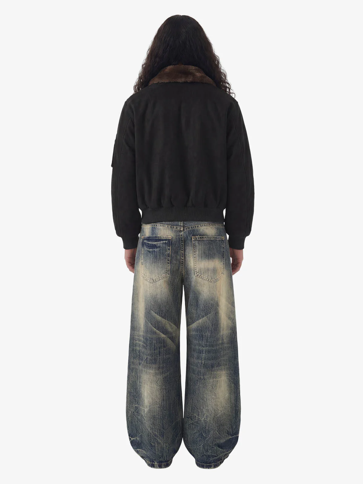 Retro Suede Faux Fur Collar Fleece Lined Bomber Jacket - Image 8