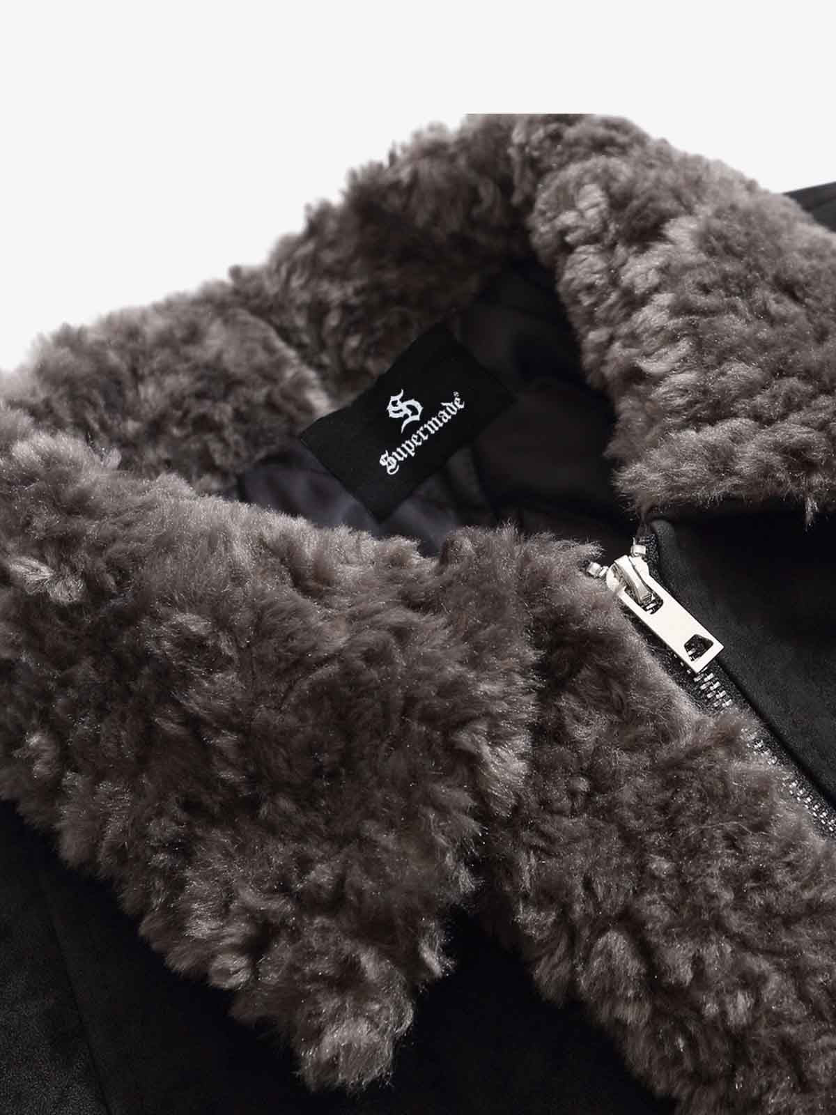 Retro Suede Texture Shearling Collar Fleece Bomber Jacket - Image 11