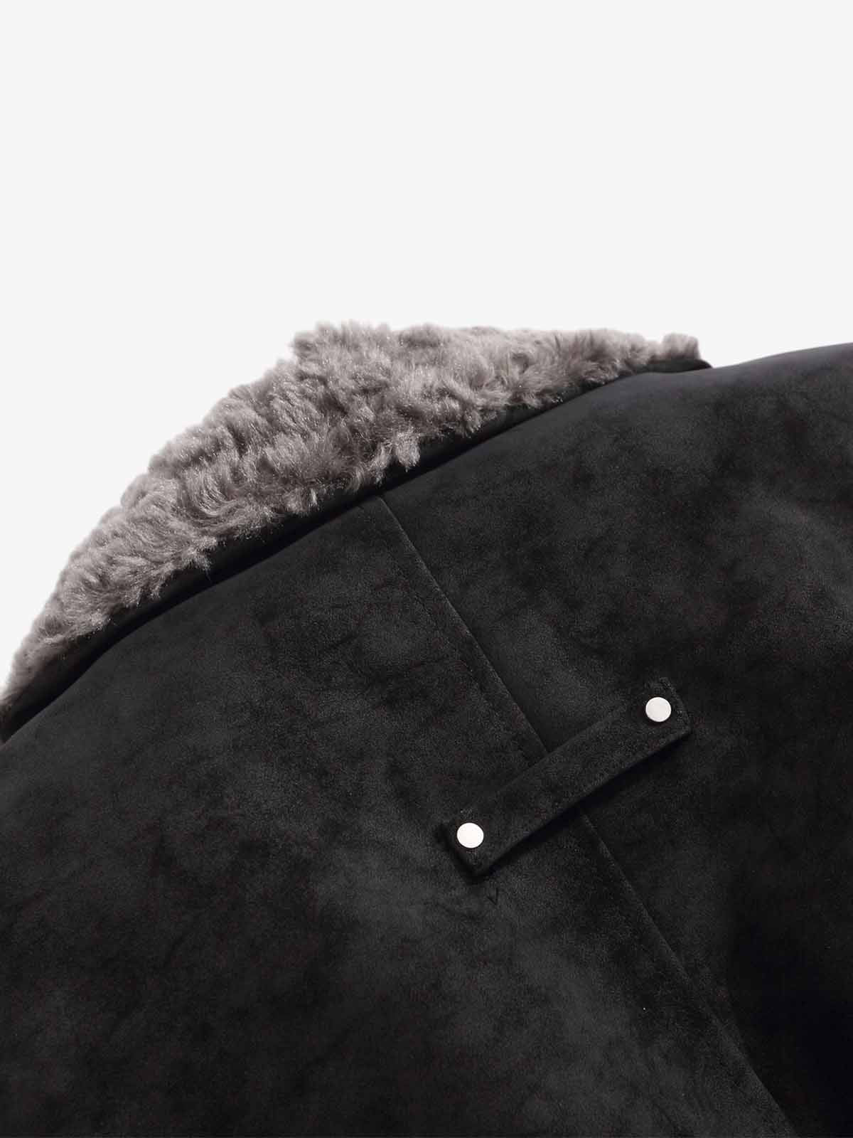 Retro Suede Texture Shearling Collar Fleece Bomber Jacket - Image 12
