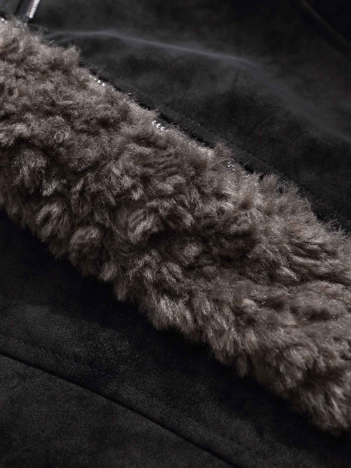 Retro Suede Texture Shearling Collar Fleece Bomber Jacket - Image 13
