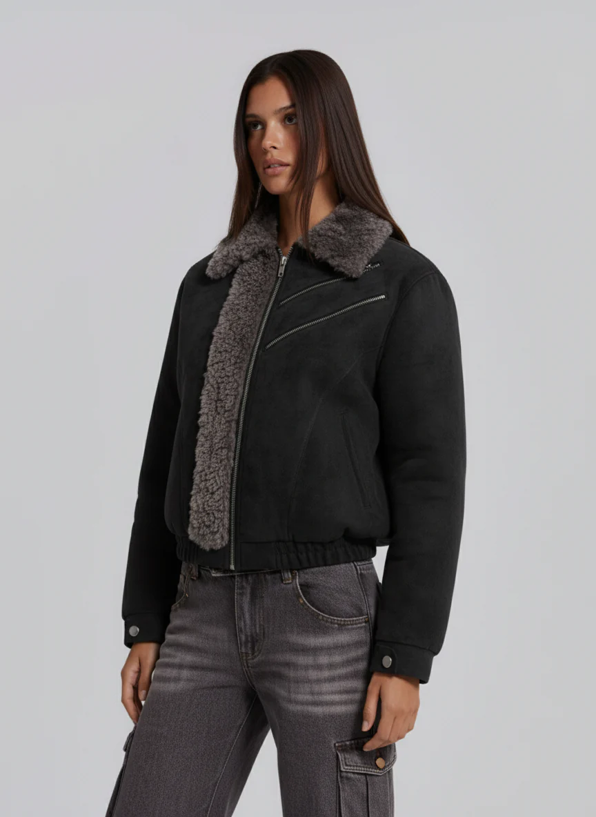 Retro Suede Texture Shearling Collar Fleece Bomber Jacket - Image 3