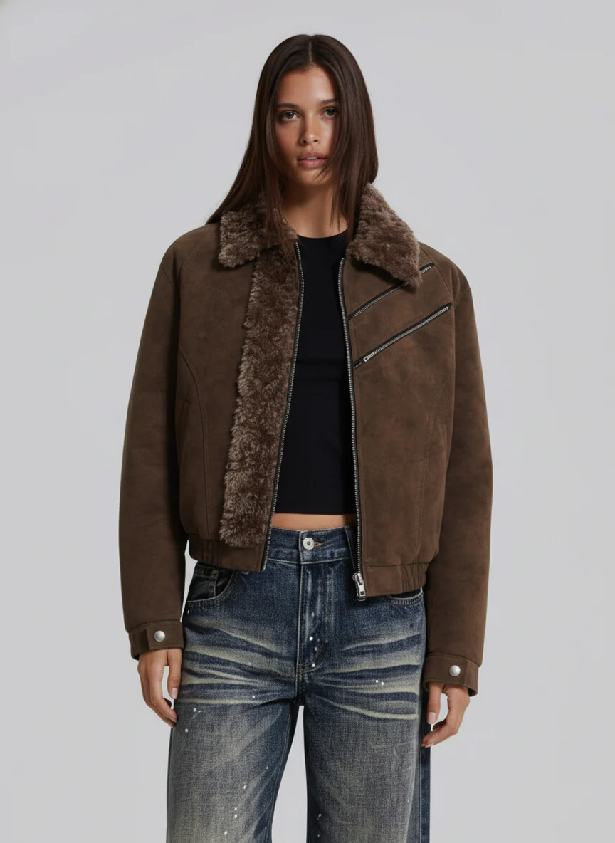 Retro Suede Texture Shearling Collar Fleece Bomber Jacket - Image 4