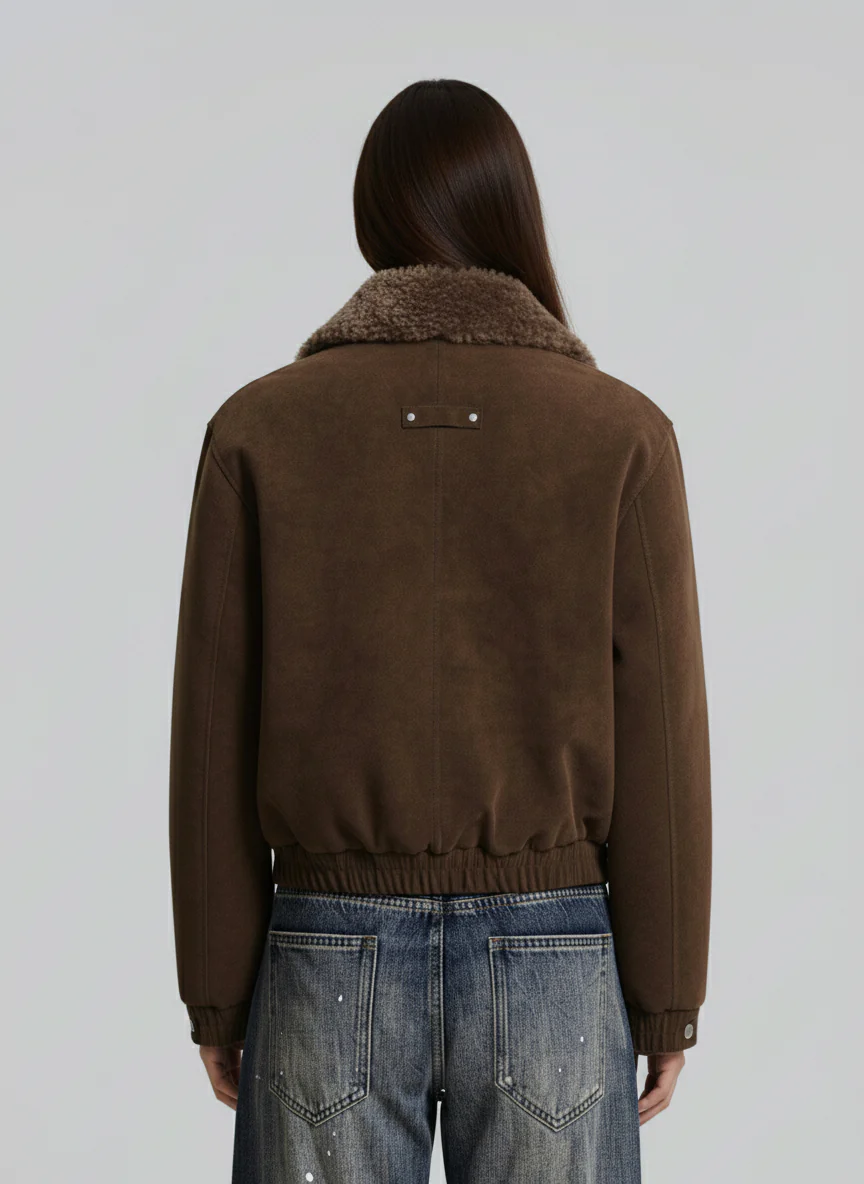 Retro Suede Texture Shearling Collar Fleece Bomber Jacket - Image 5
