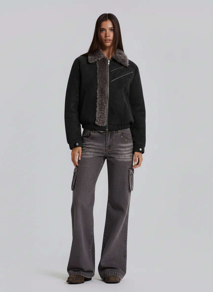 Retro Suede Texture Shearling Collar Fleece Bomber Jacket - Image 6