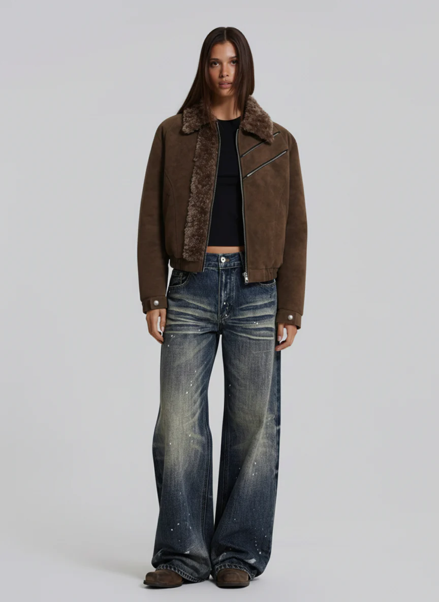 Retro Suede Texture Shearling Collar Fleece Bomber Jacket - Image 7