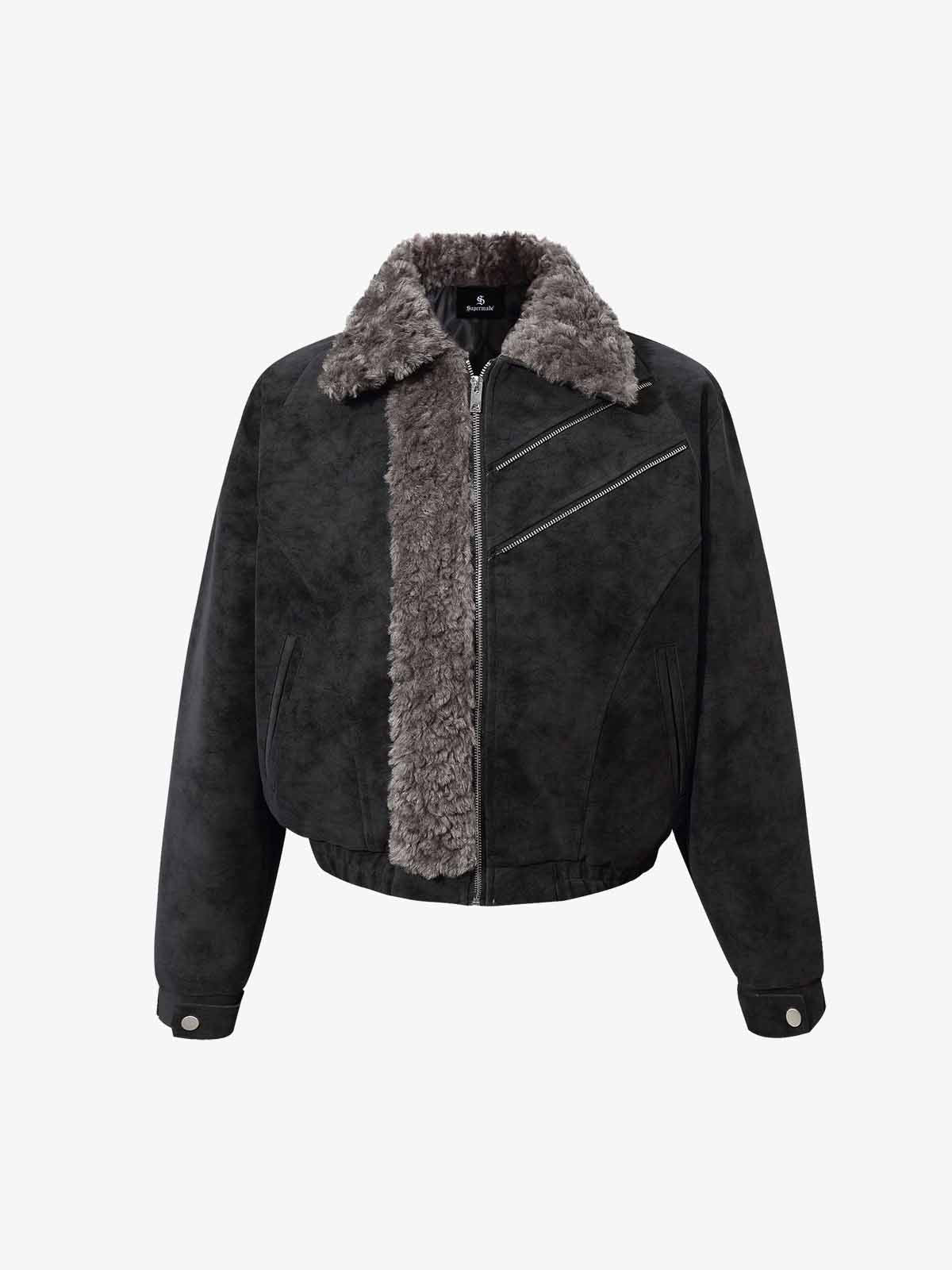 Retro Suede Texture Shearling Collar Fleece Bomber Jacket - Image 8