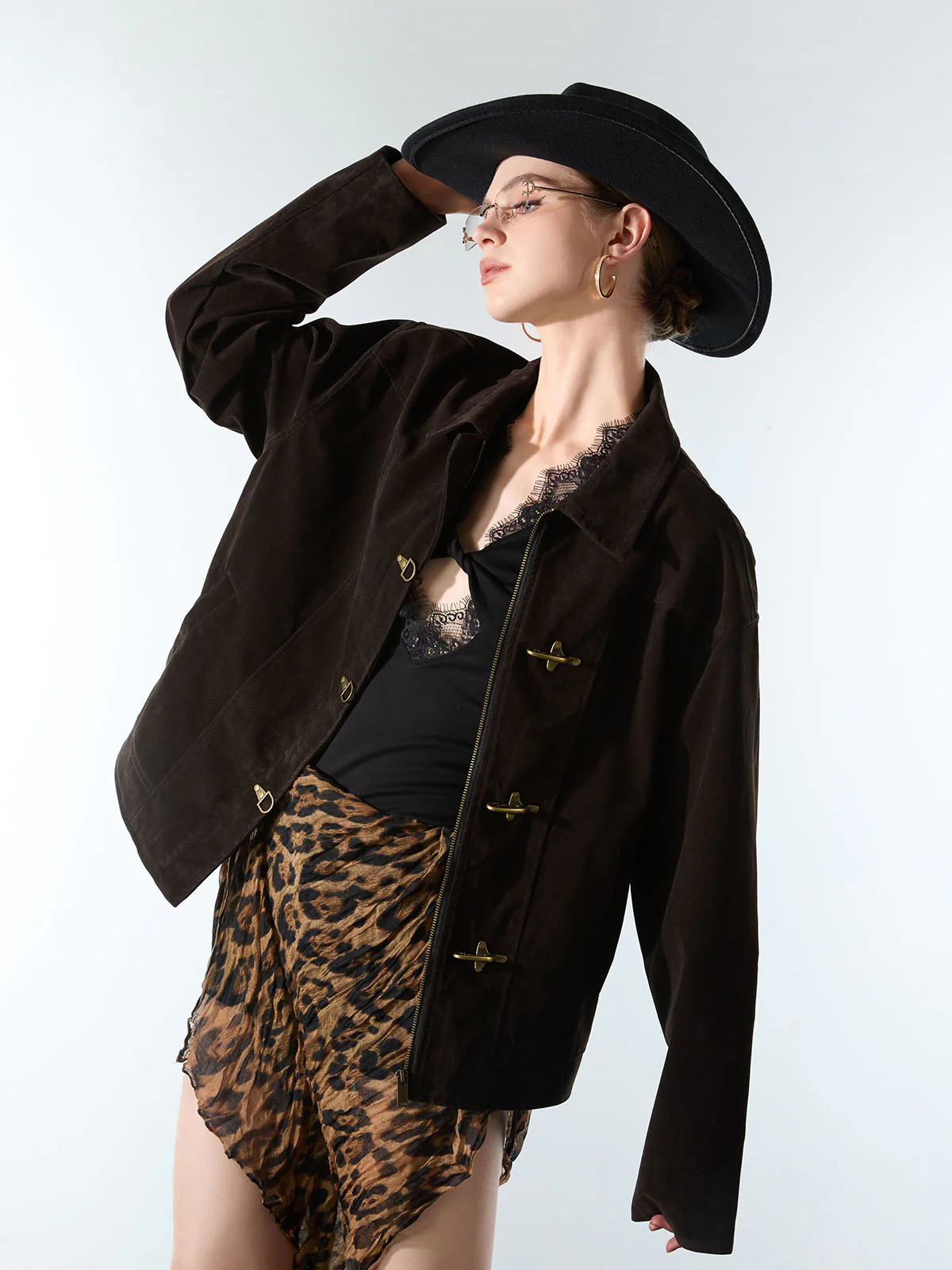 Retro Unique Metal Button Suede Lapel Bomber Jacket