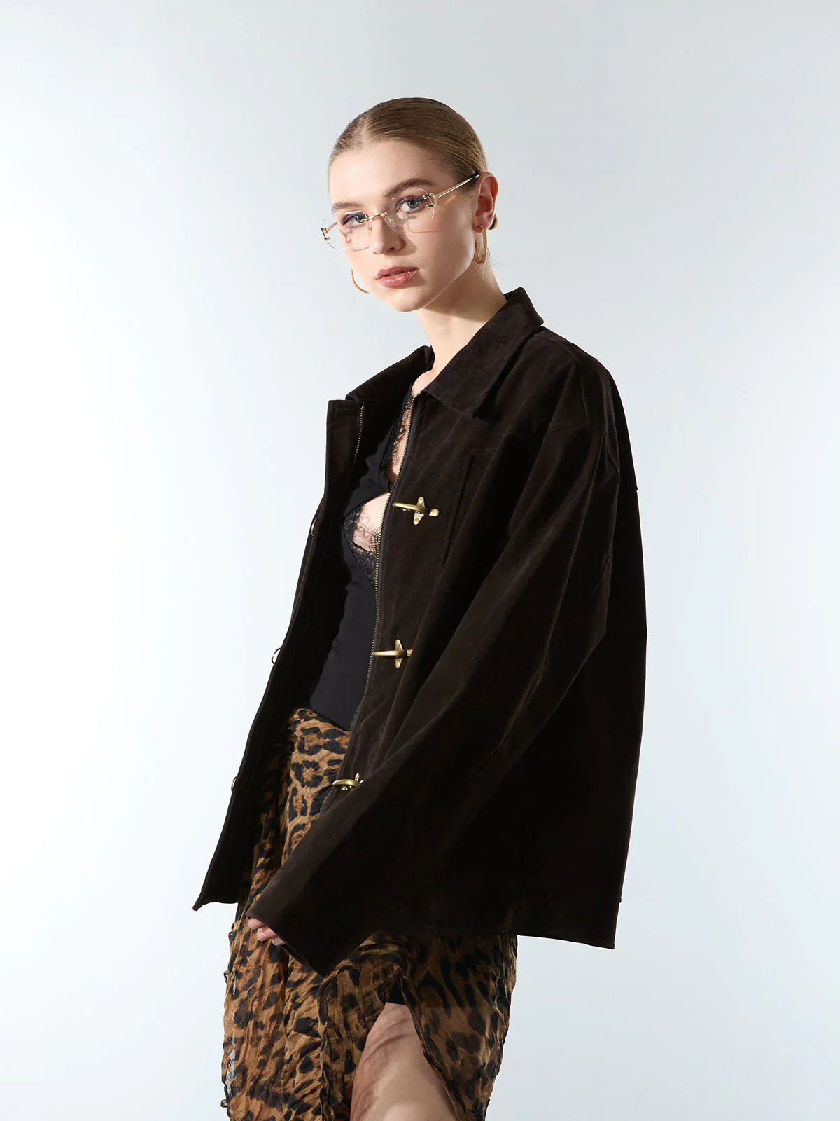 Retro Unique Metal Button Suede Lapel Bomber Jacket - Image 4