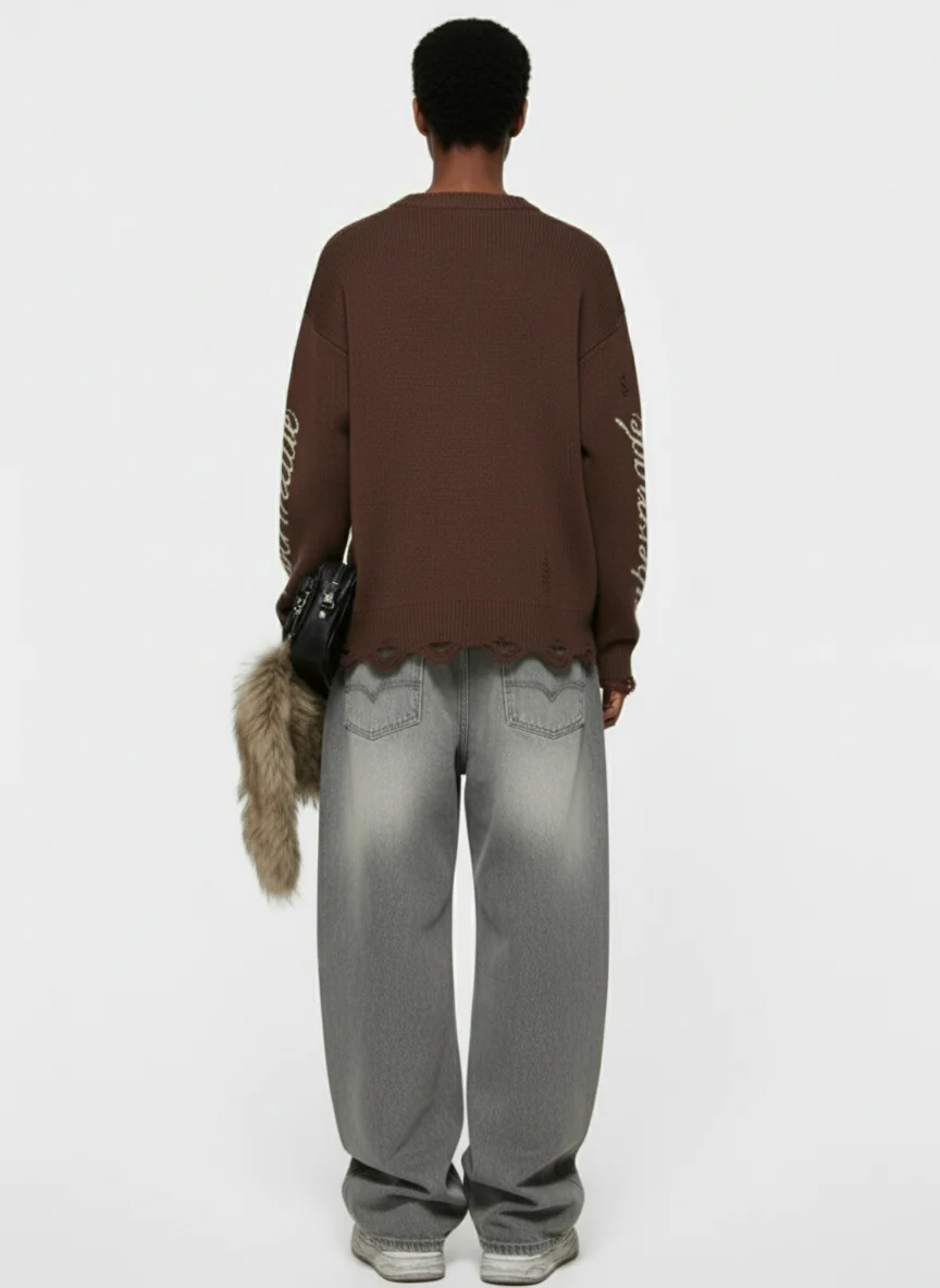 Retro Washed Distressed Curved Blade Wide-Leg Jeans - Image 4