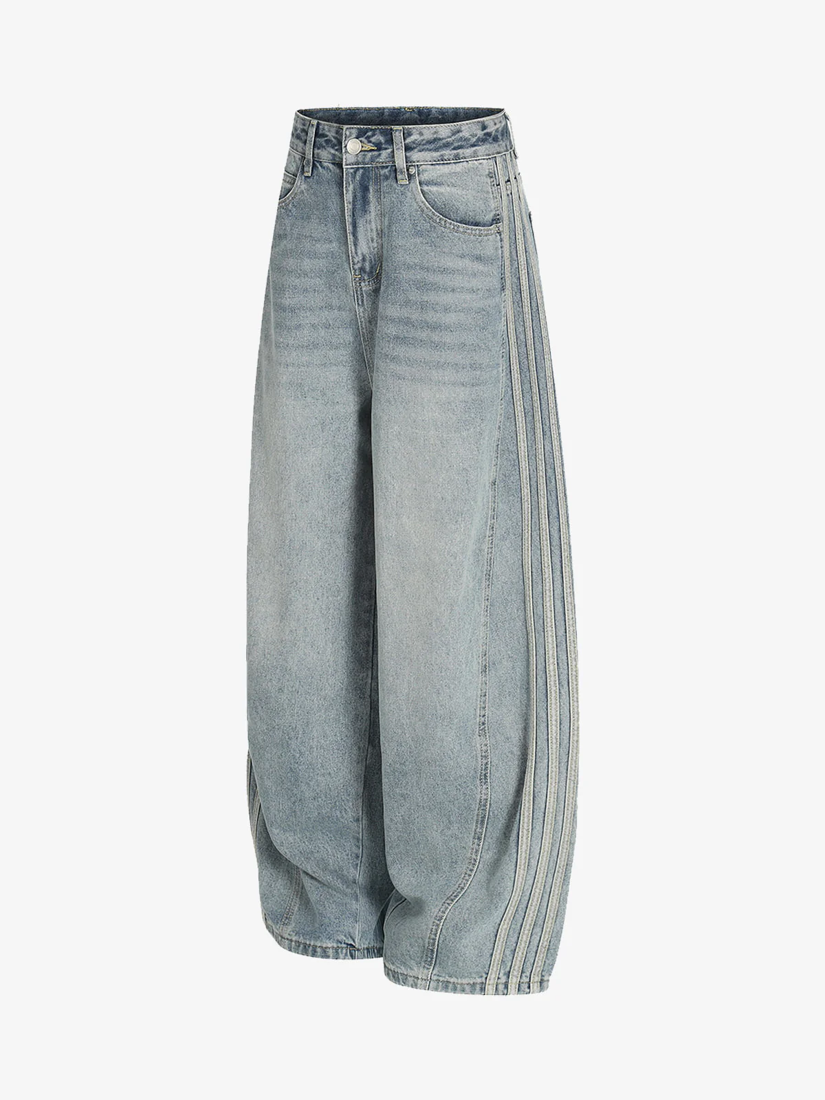Retro Washed Side Striped Barrel Denim Jeans - Image 3