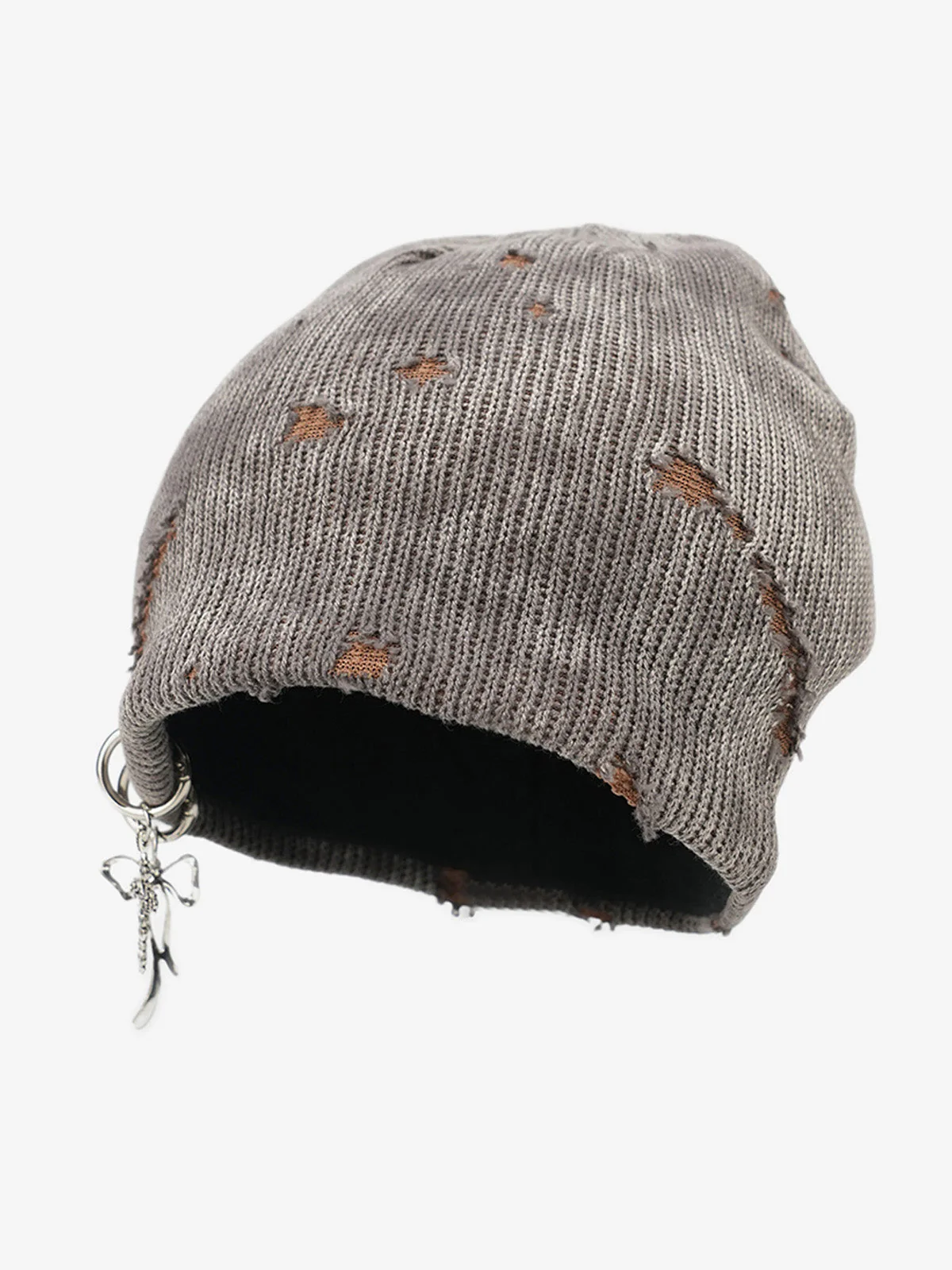 Retro Wasteland Style Distressed Knit Hanging Charm Beanie - Image 8