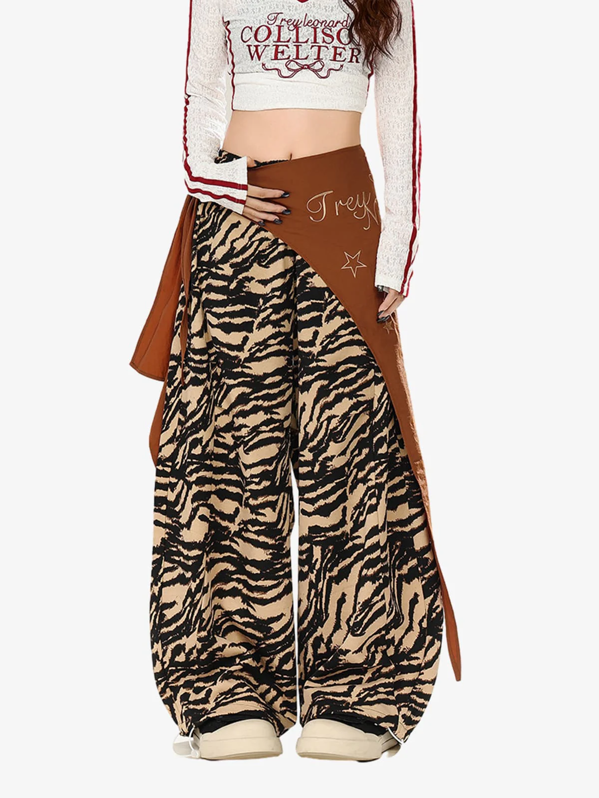 Retro Zebra Print Asymmetric Draped Patchwork Barrel Pants