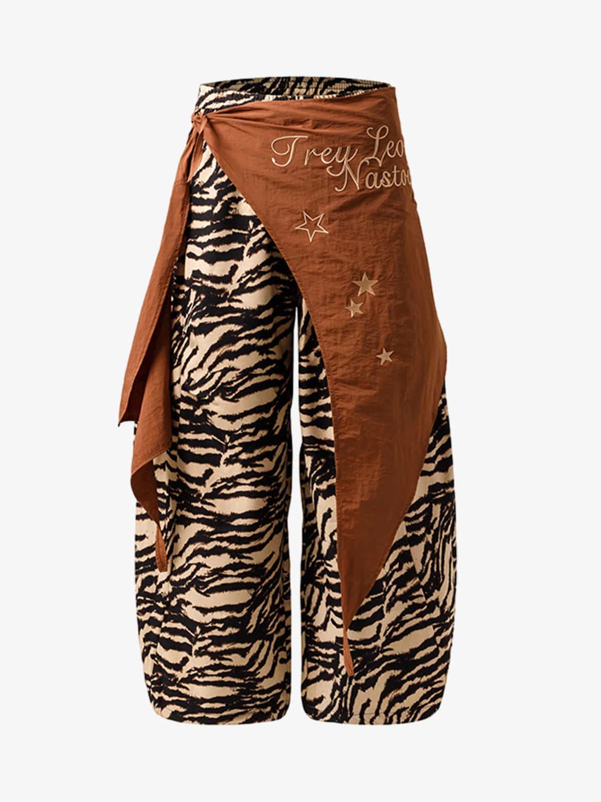 Retro Zebra Print Asymmetric Draped Patchwork Barrel Pants - Image 2