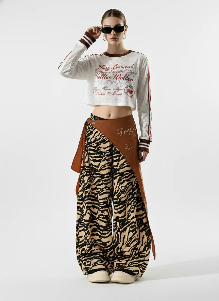 Retro Zebra Print Asymmetric Draped Patchwork Barrel Pants - Image 3
