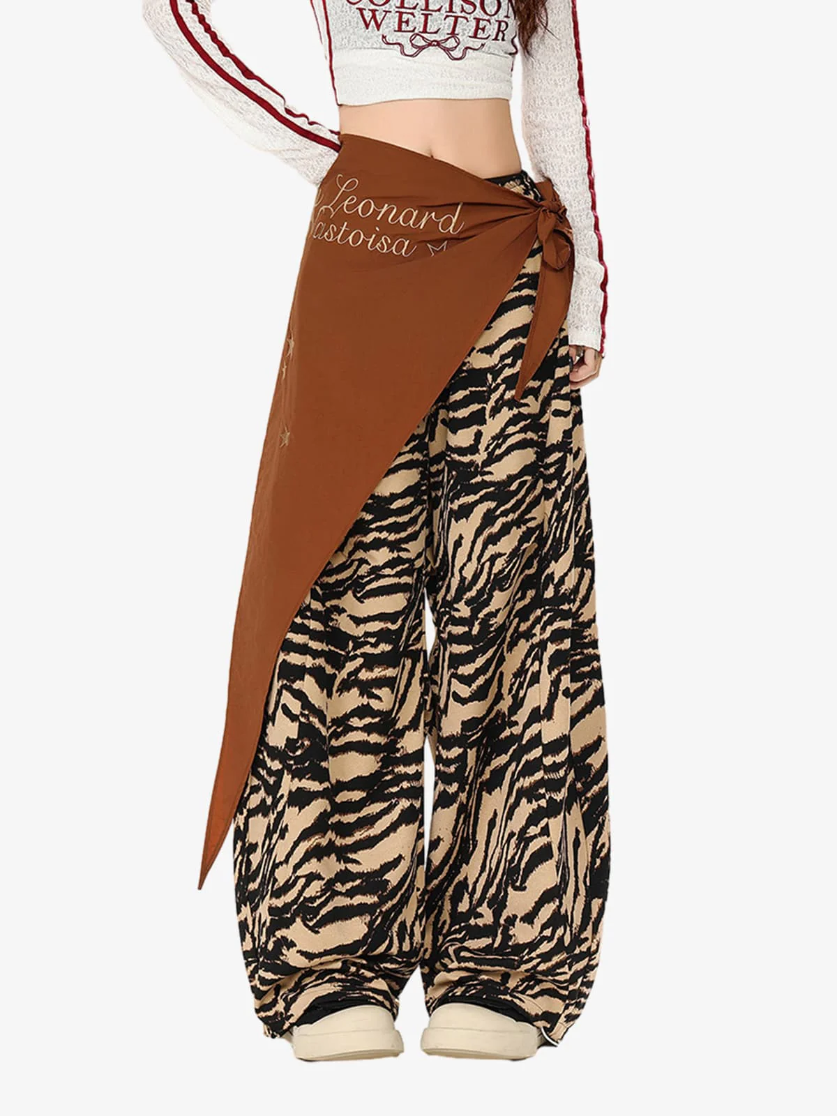 Retro Zebra Print Asymmetric Draped Patchwork Barrel Pants - Image 5