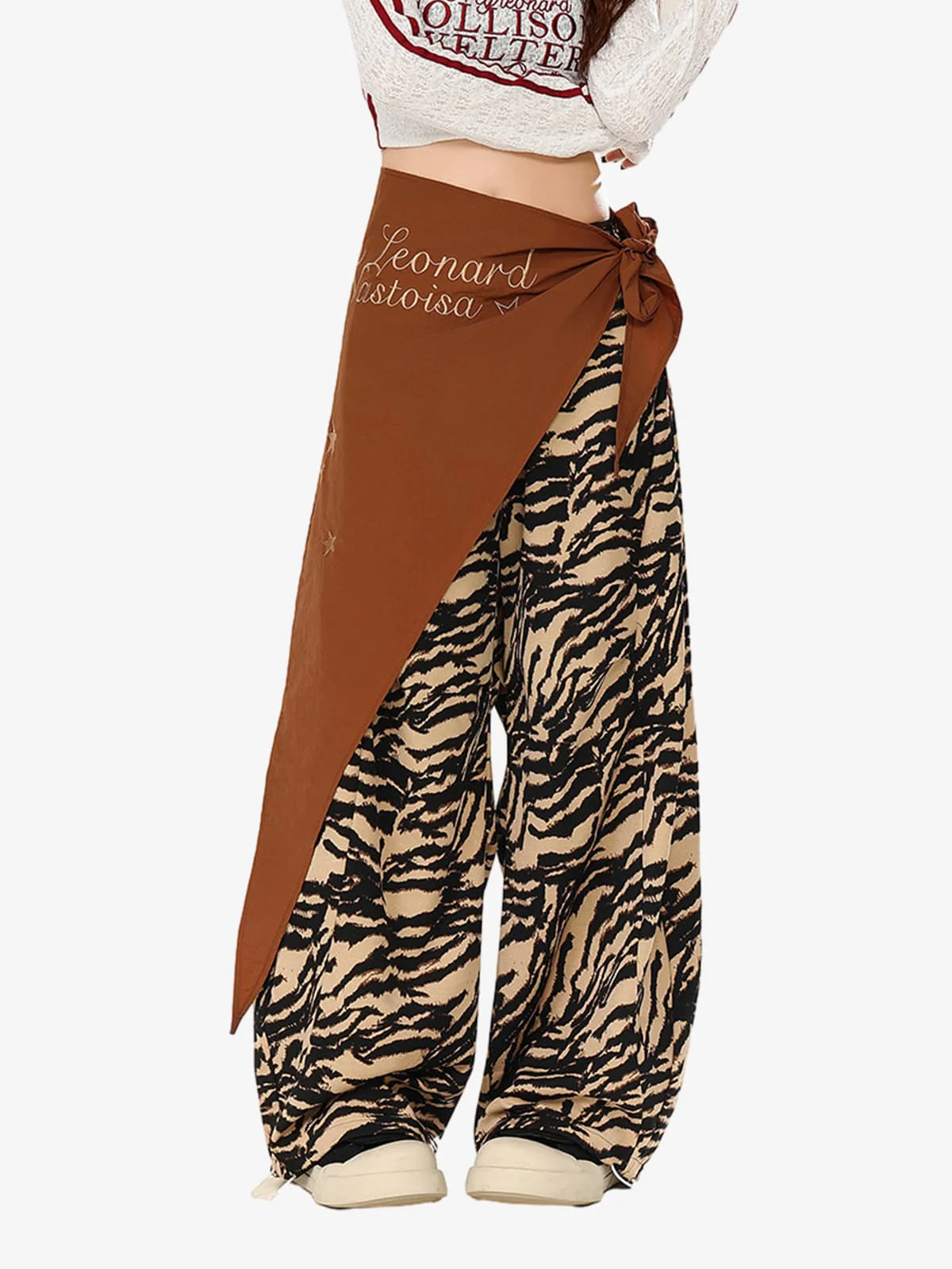 Retro Zebra Print Asymmetric Draped Patchwork Barrel Pants - Image 6
