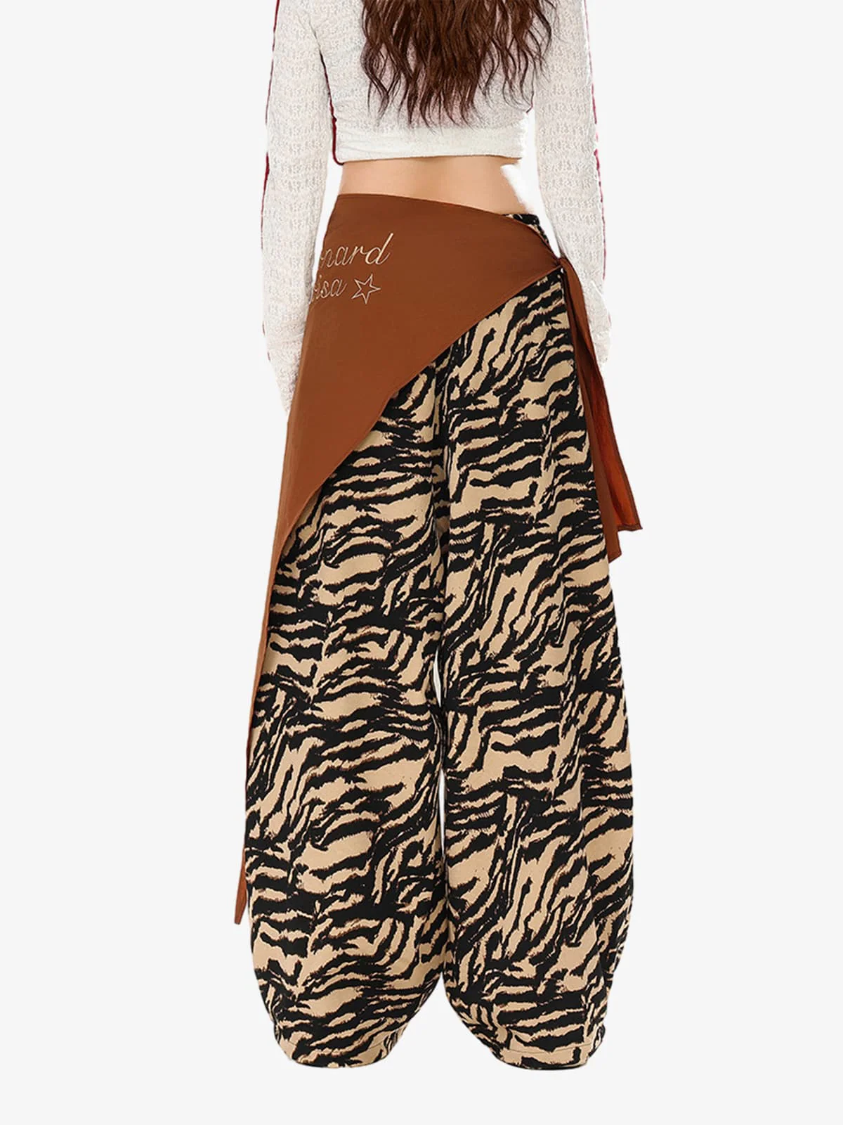Retro Zebra Print Asymmetric Draped Patchwork Barrel Pants - Image 7