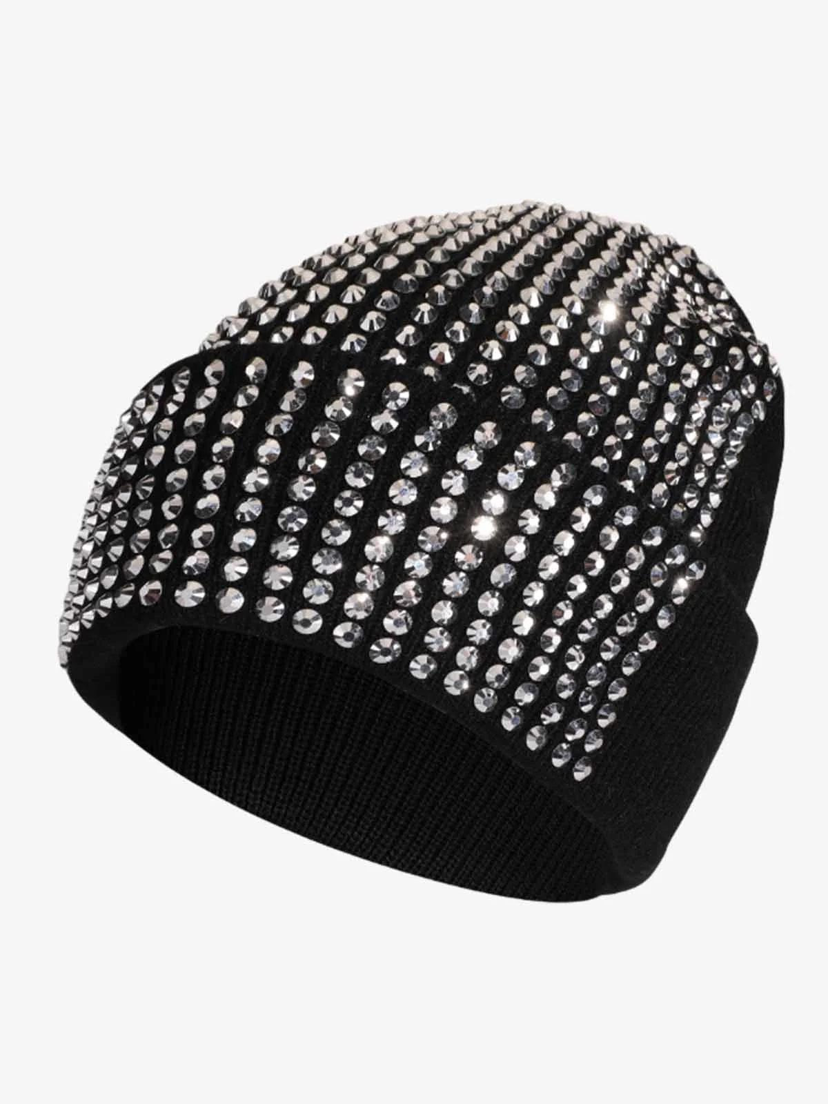 Rhinestone Embellished Ribbed Knit Beanie Hat - Image 2
