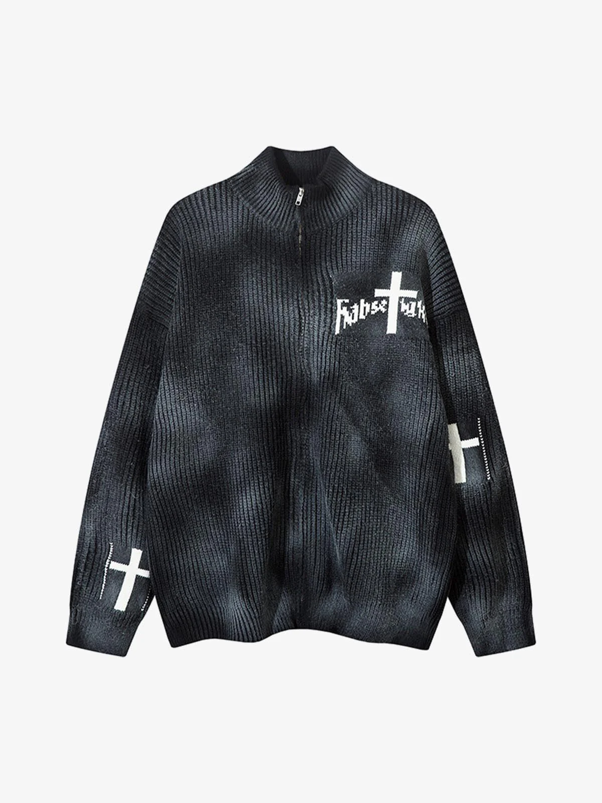 Ribbed Knit Dirty Dyed Embroidery Cross Sweater - 2465 - Image 2