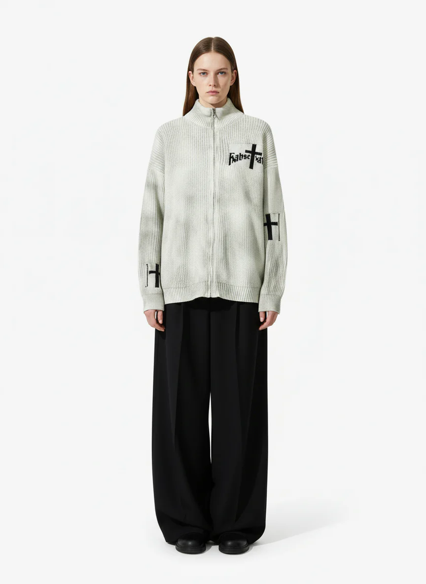 Ribbed Knit Dirty Dyed Embroidery Cross Sweater - 2465 - Image 3