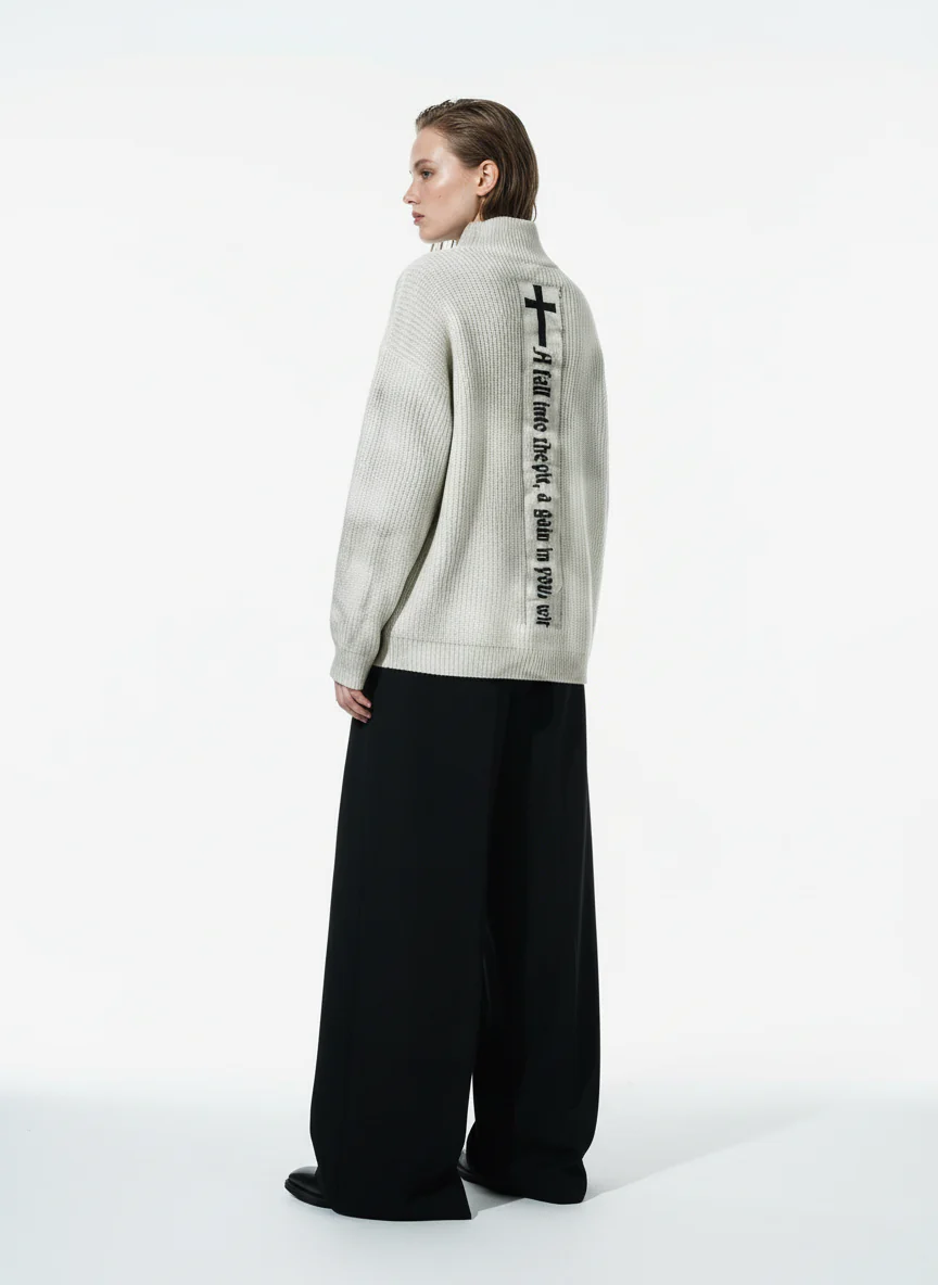 Ribbed Knit Dirty Dyed Embroidery Cross Sweater - 2465 - Image 4