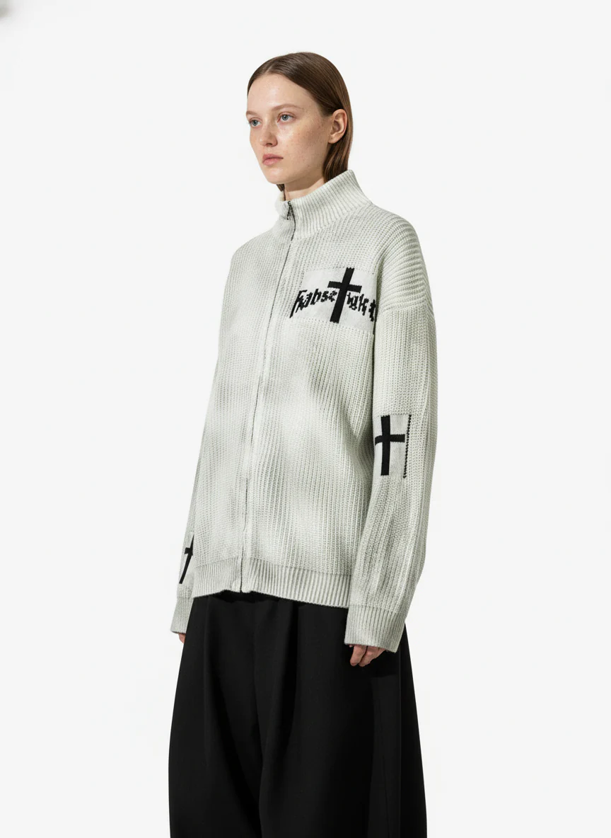 Ribbed Knit Dirty Dyed Embroidery Cross Sweater - 2465 - Image 5