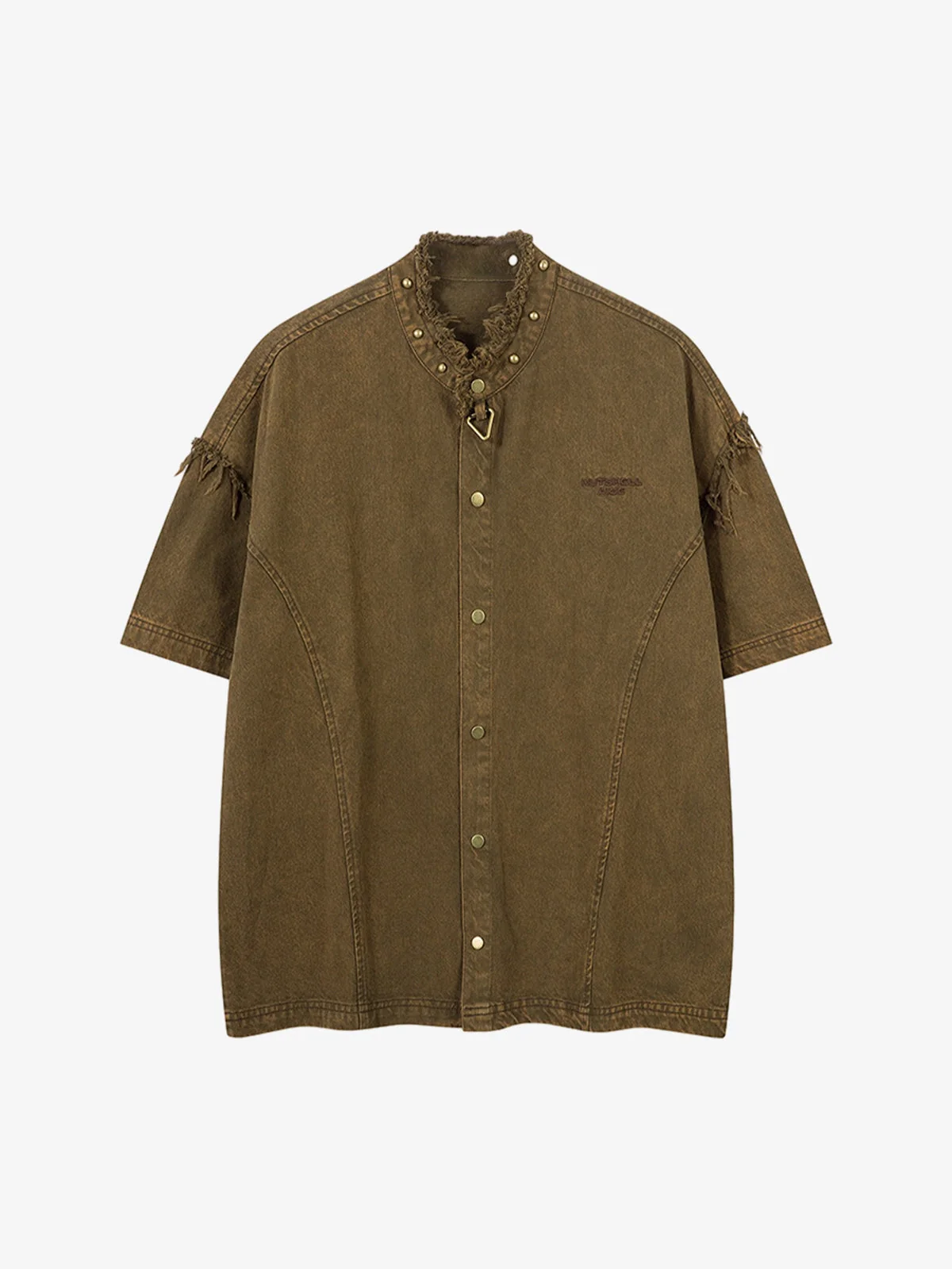 Rivet Deconstructed Split Stitching Denim Short-Sleeved Shirt - Image 2